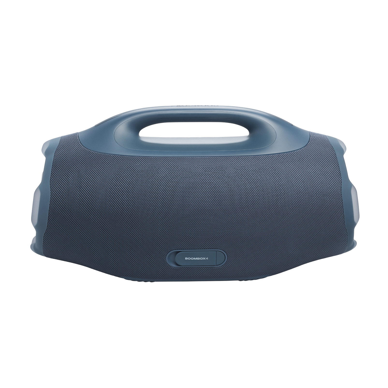 Una boombox azul con asa. La parte delantera tiene una malla de altavoz con la palabra BOOMBOX4 en la parte inferior.