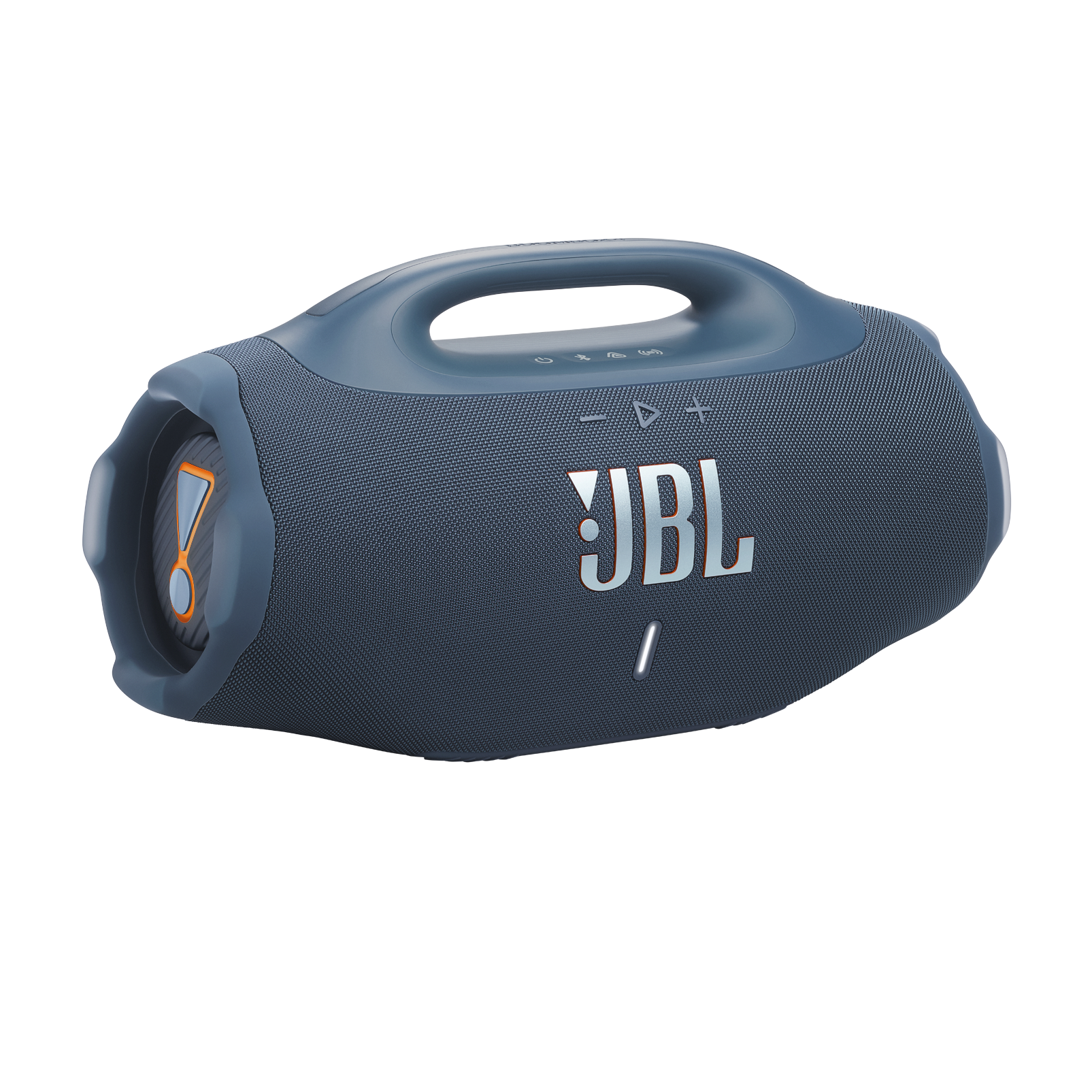 Un altavoz JBL azul oscuro con asa. Acentos naranjas en los laterales y el logotipo JBL en blanco.