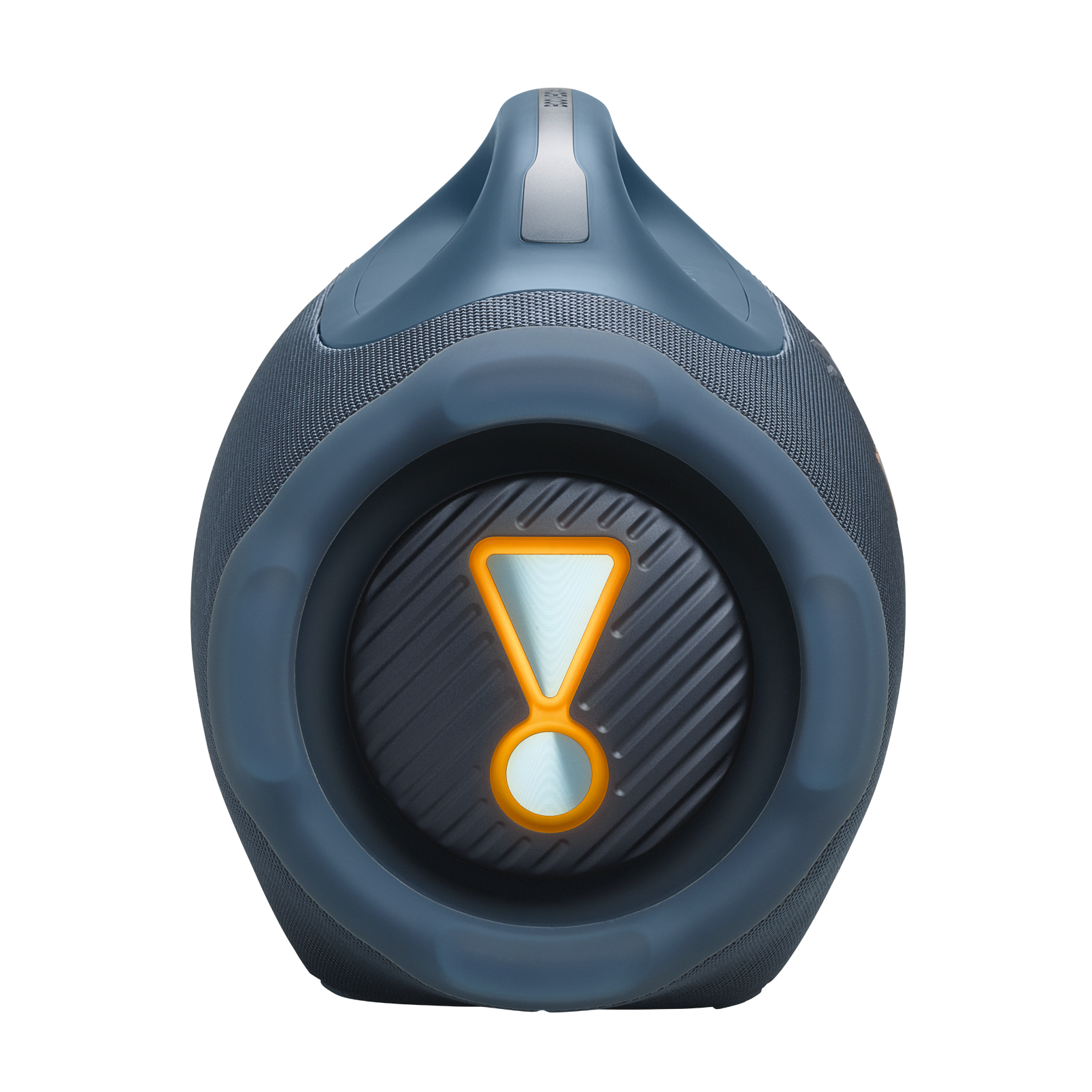 Un altavoz JBL azul sobre fondo negro. Tiene un logotipo de signo de exclamación naranja.
