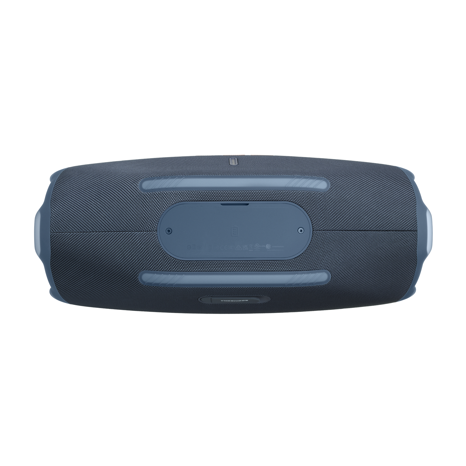 Un altavoz JBL Boombox azul sobre un fondo negro. El altavoz tiene una malla de tela y varios paneles de control.