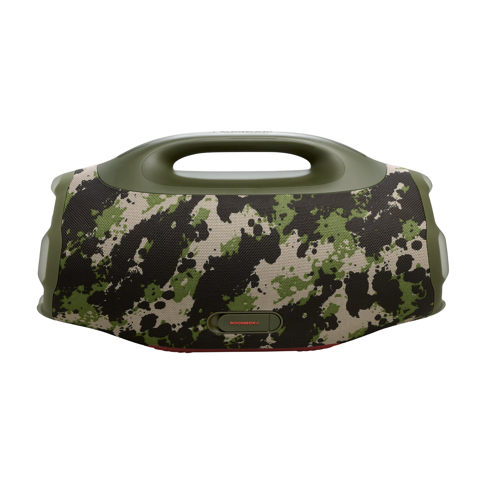 Altavoz JBL Boombox 4 con estampado de camuflaje, asa y base verdes, fondo negro.