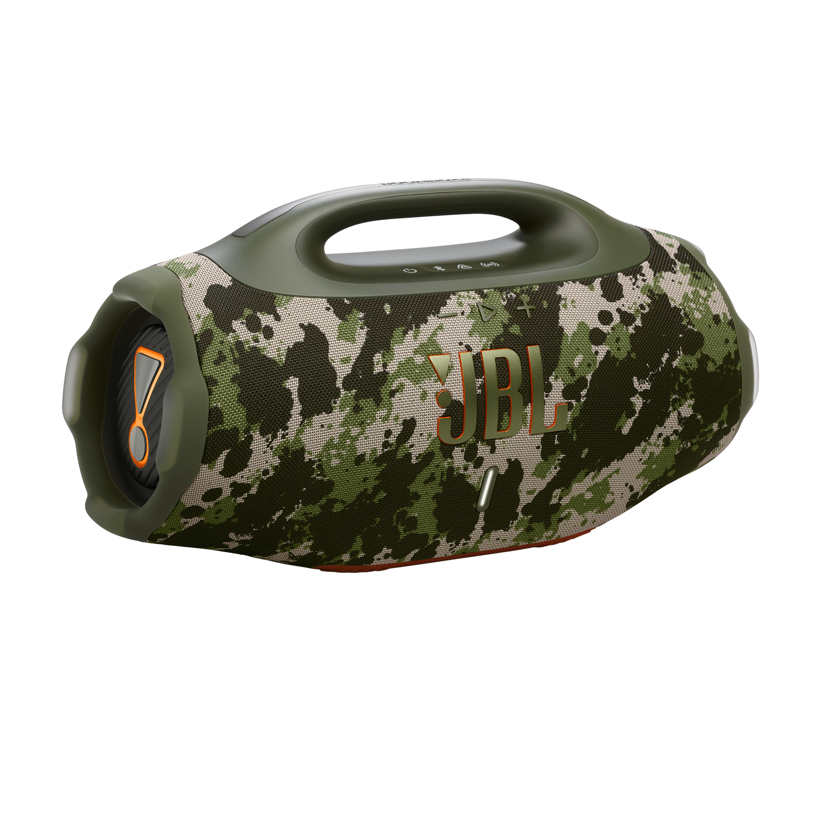 Un altavoz JBL con un patrón de camuflaje. Tiene un acento naranja.
