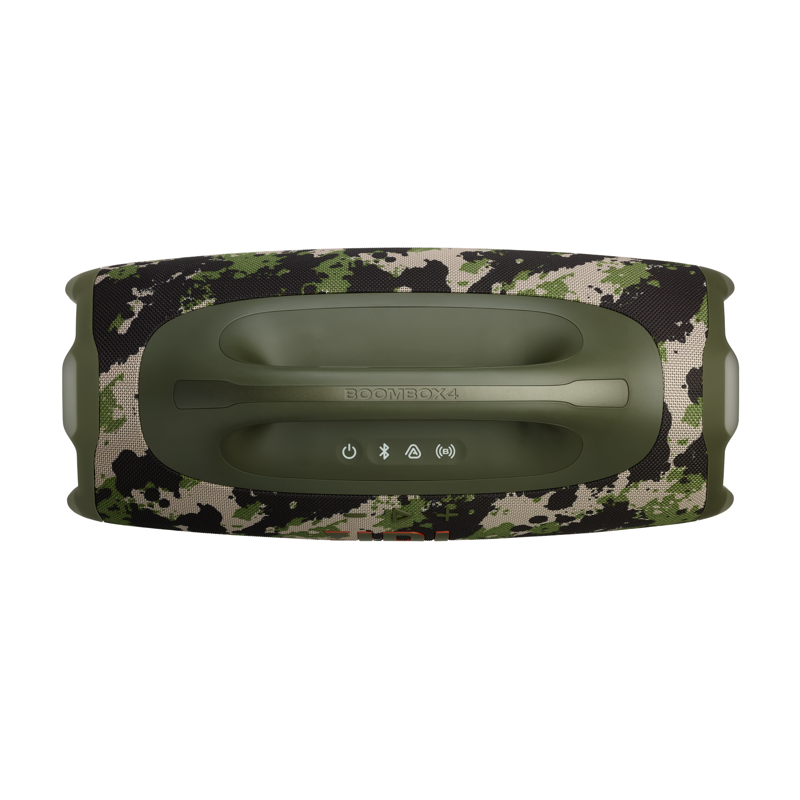 Altavoz JBL Boombox 4 con patrón de camuflaje, verde oliva con asa. Botones de encendido, Bluetooth y otros visibles.