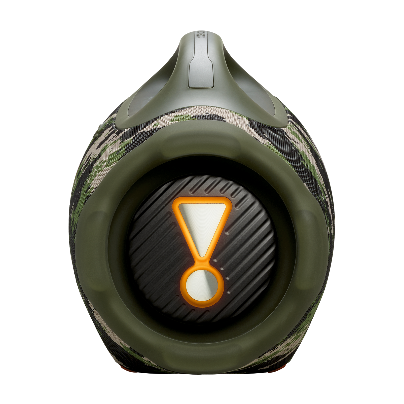 Un altavoz verde y camuflado con asa. Tiene un símbolo de exclamación naranja en la parte delantera.