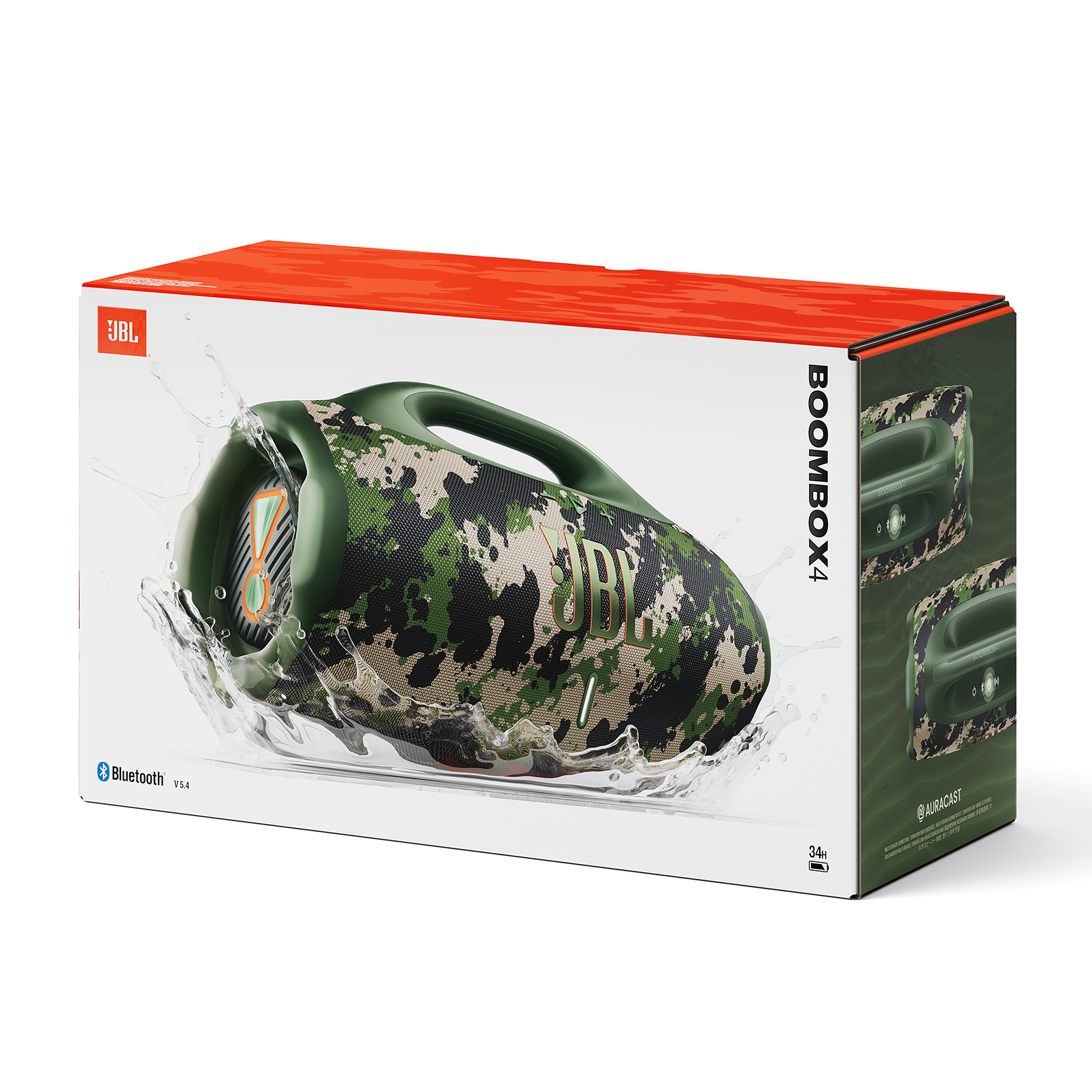 Altavoz JBL Boombox 4 en caja con salpicaduras de agua. Patrón de camuflaje en el altavoz. Colores naranja y verde.