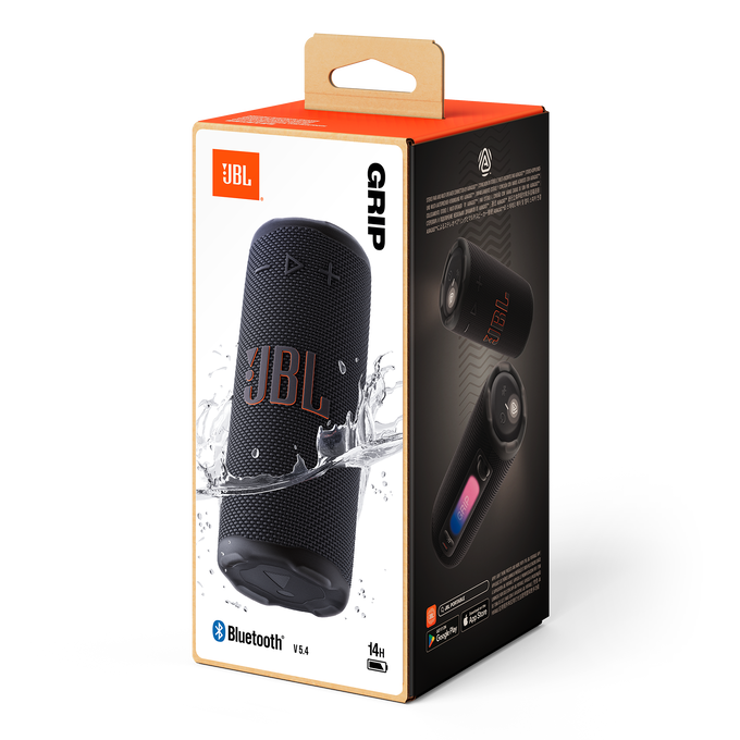 Altavoz JBL en agua, en caja. Altavoz negro con logotipo JBL naranja. La caja muestra imágenes y características del altavoz, con Bluetooth.