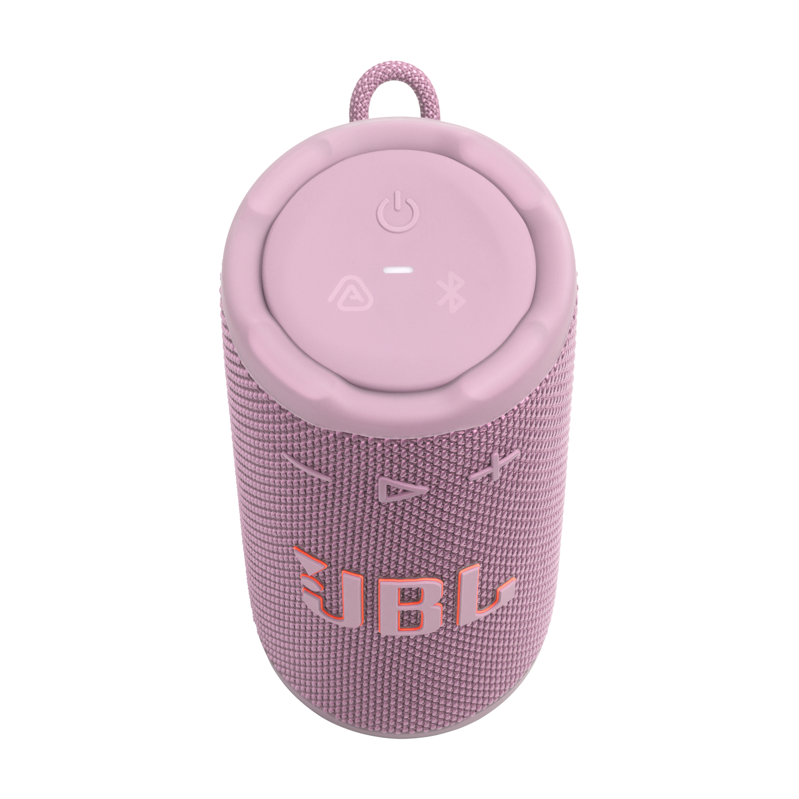 Altavoz JBL rosa con asa. Tiene botones arriba y el logo JBL en naranja. Textura de malla en el cuerpo.