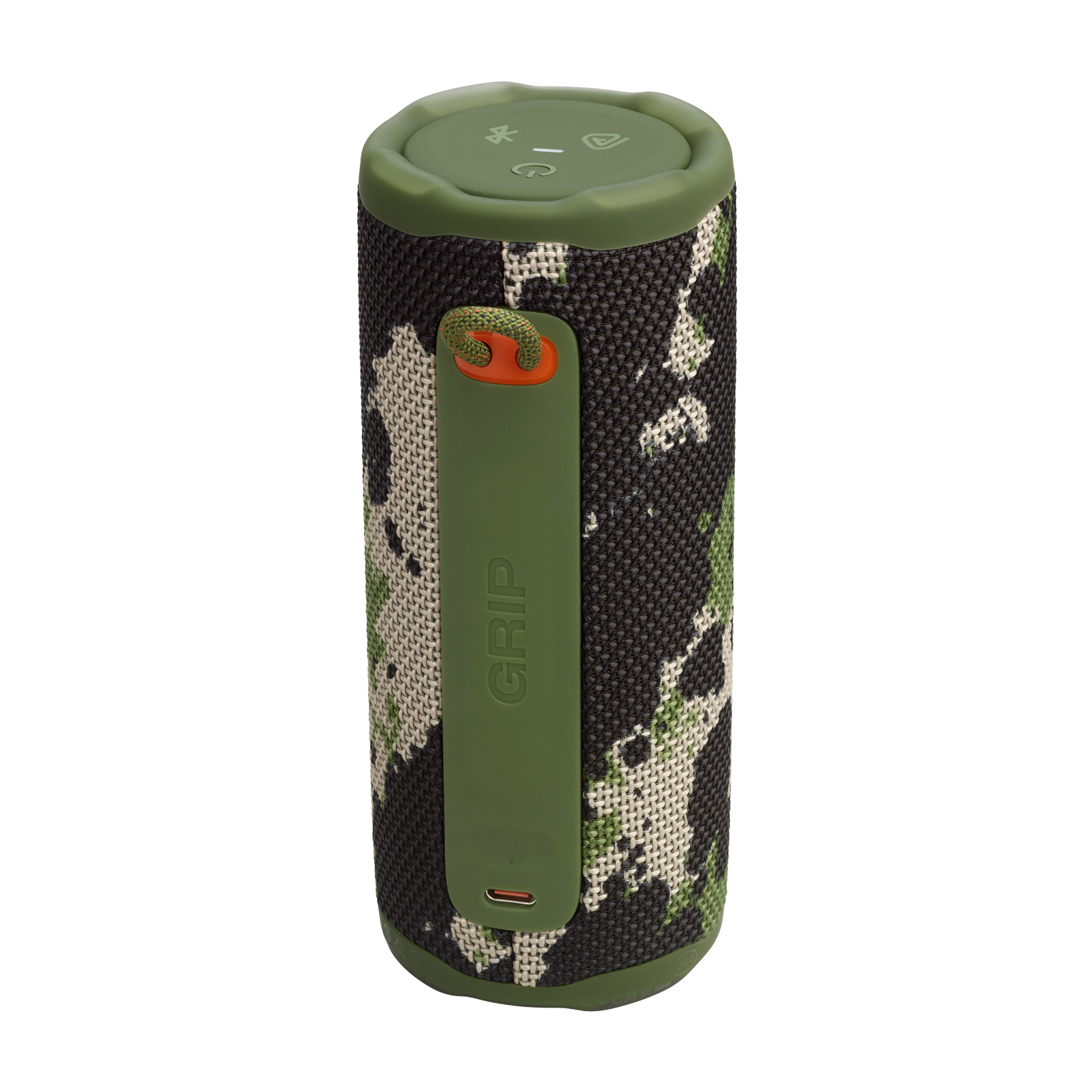 Altavoz de camuflaje con detalles verdes y un agarre. La parte superior tiene botones de control. Es cilíndrico.