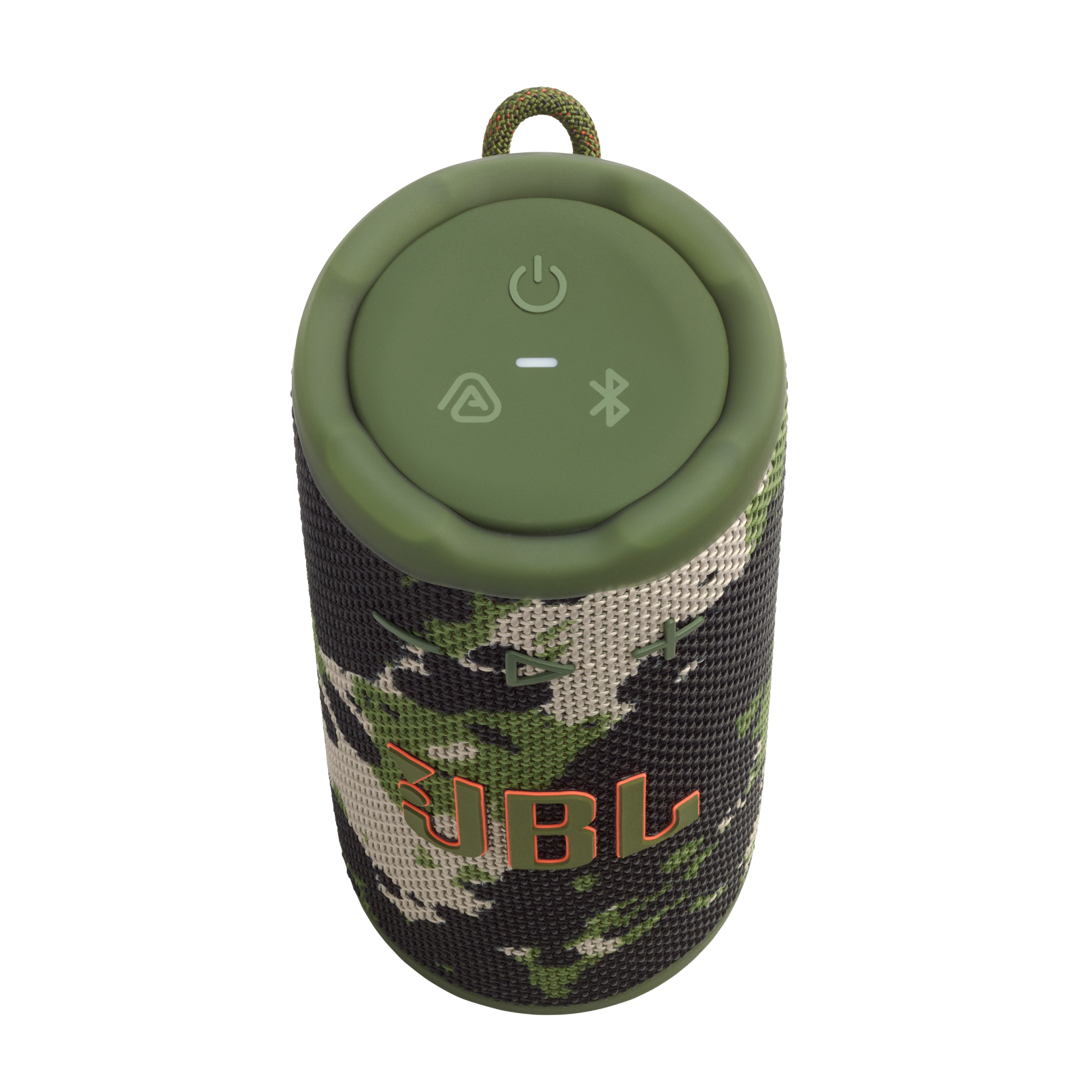 Un altavoz JBL con diseño de camuflaje. Tiene una parte superior verde con botones y un cordón. El logo es naranja.