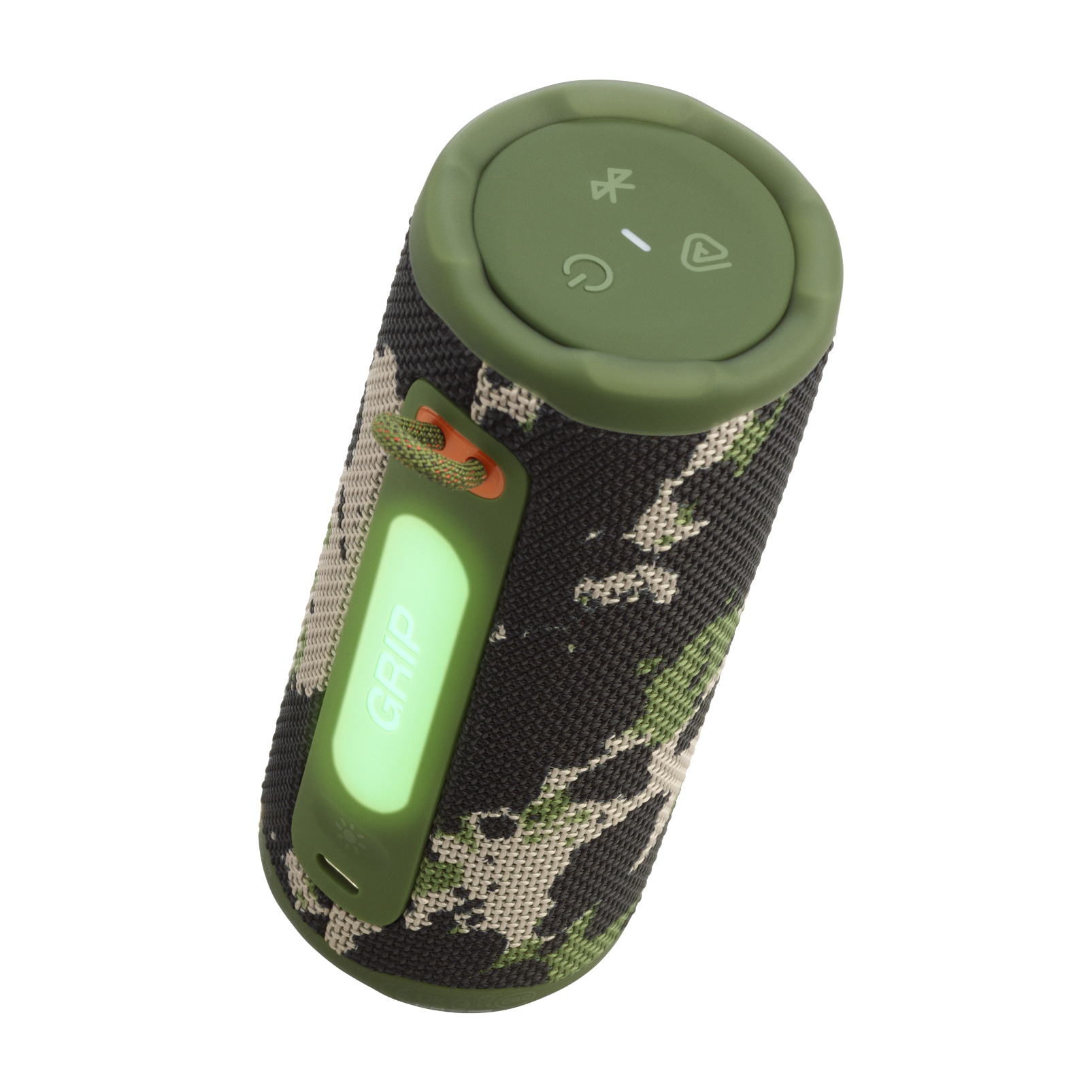 Altavoz camuflado con acentos verdes. Cuenta con botones de control, agarre y lazo.