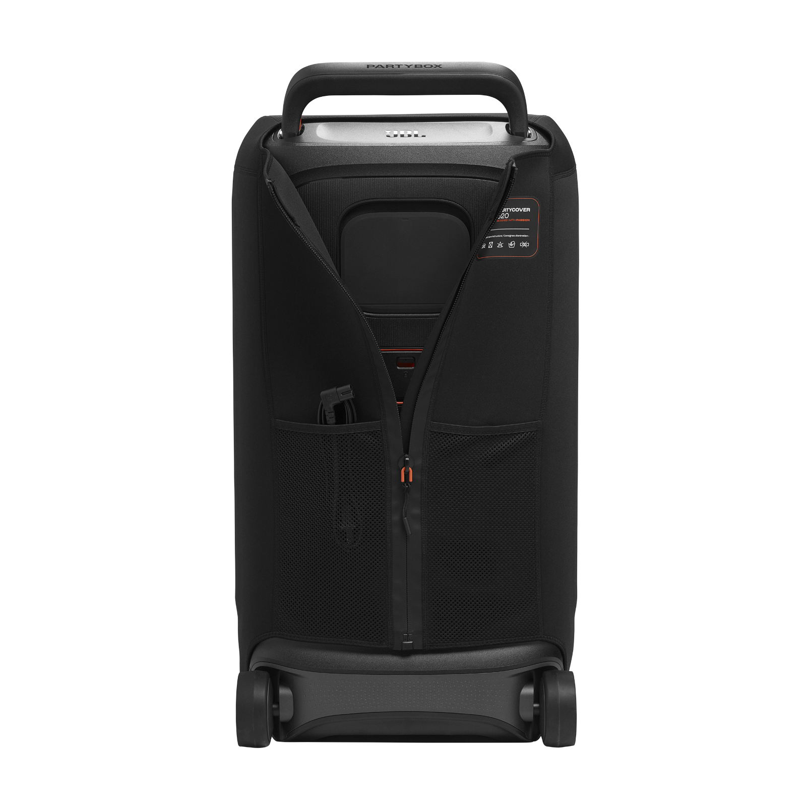 Altavoz JBL Partybox negro con funda parcialmente desabrochada. La funda tiene bolsillos y cremallera. Se ven ruedas.