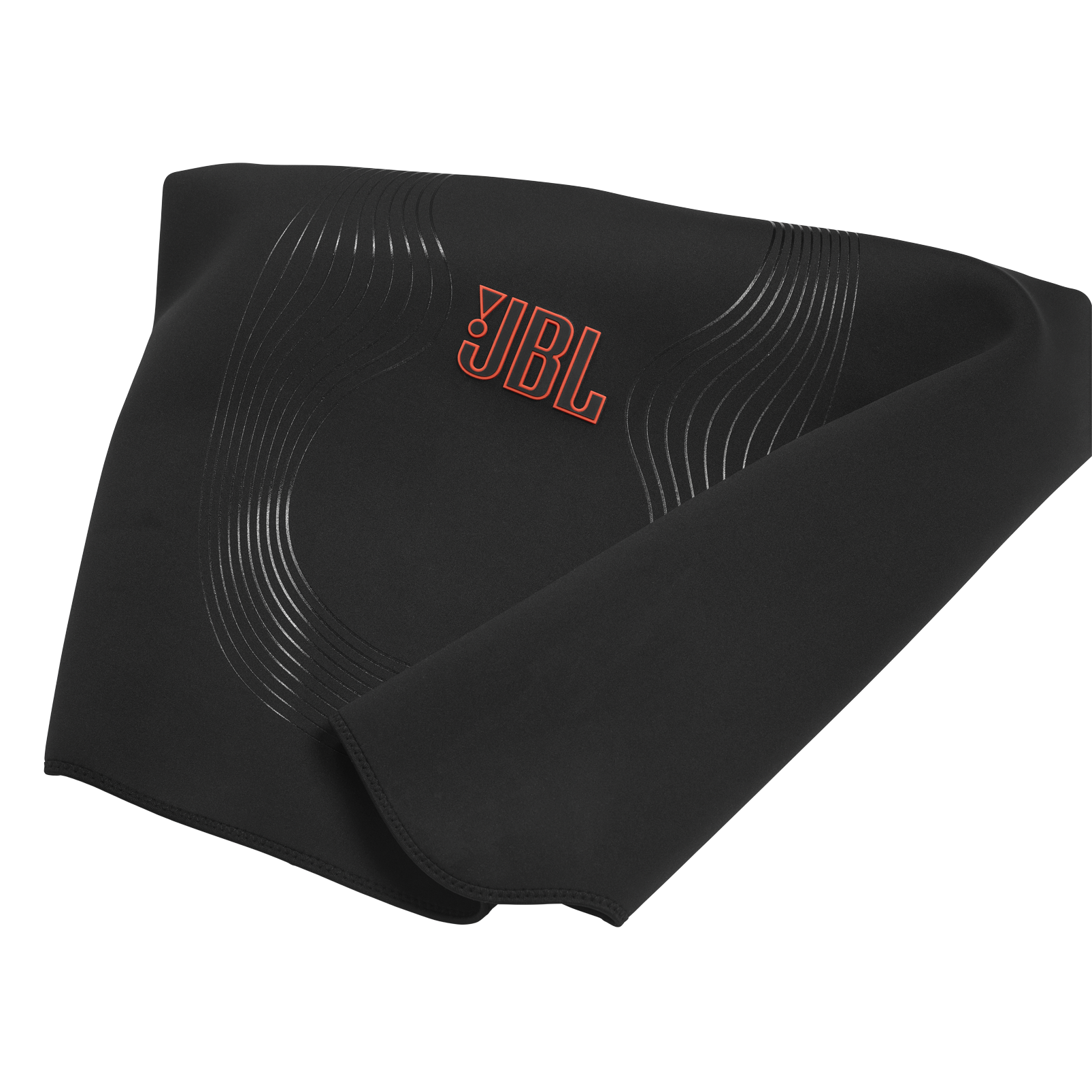 Diadema JBL negra con logo naranja. Se ven líneas curvas y pliegues. Aislado sobre fondo negro.