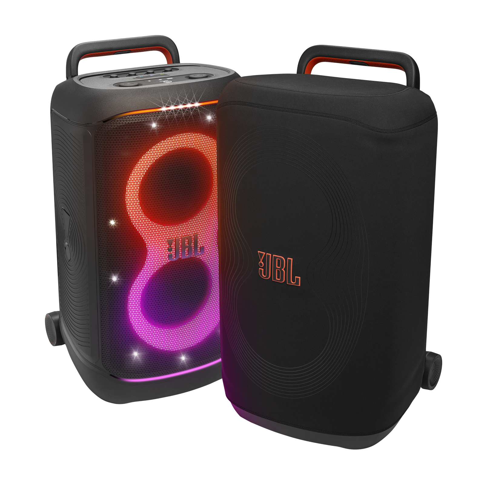 Dos altavoces JBL negros. Uno muestra luces naranjas, moradas y rosas, el otro tiene el logotipo de JBL.