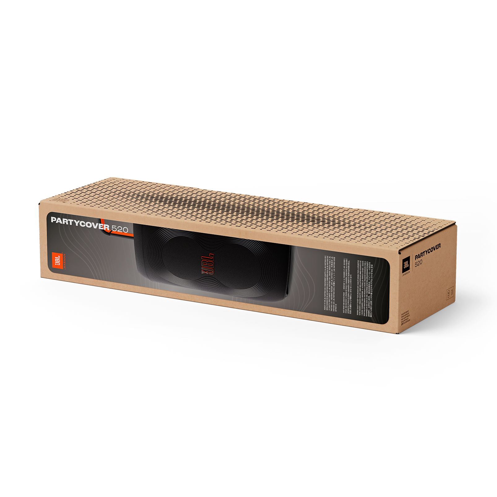Una caja de altavoz JBL Partycover 520. La caja es marrón con altavoz negro dentro. El logotipo de JBL es visible.