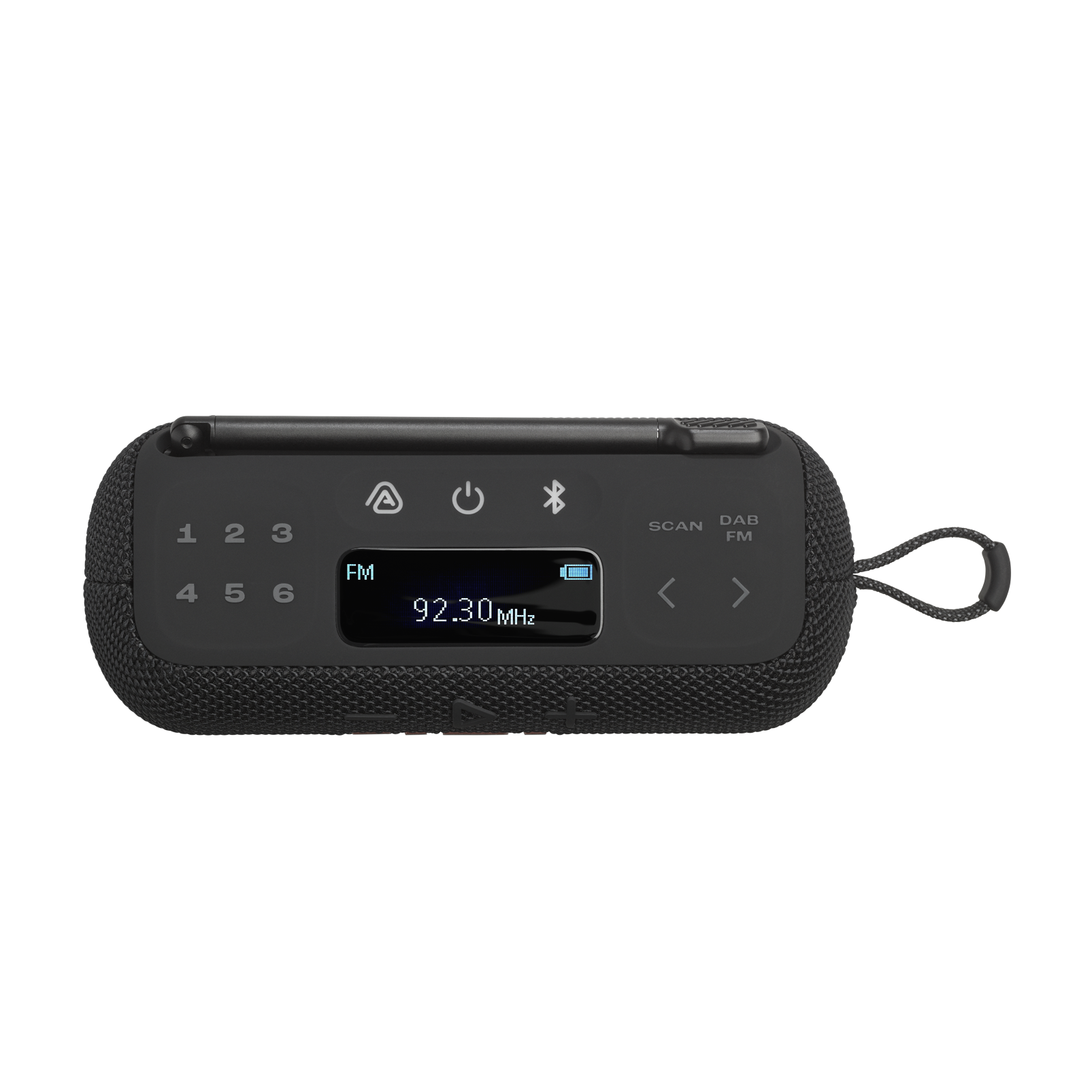 Radio portátil negro. Muestra la frecuencia FM 92,30 MHz. Incluye botones, antena y una presilla para transportar.