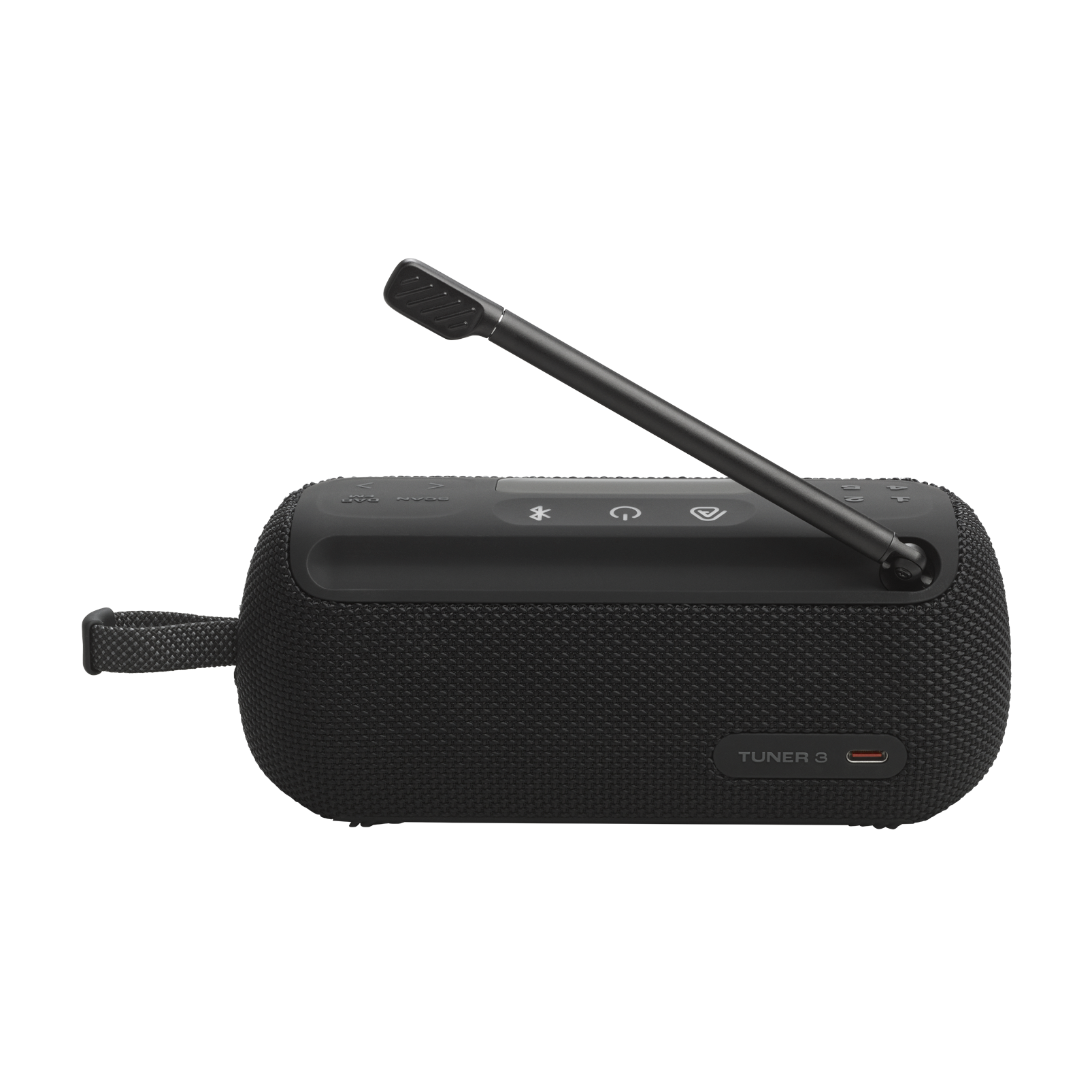 Altavoz portátil negro con antena. El altavoz tiene botones de control y una correa de transporte.