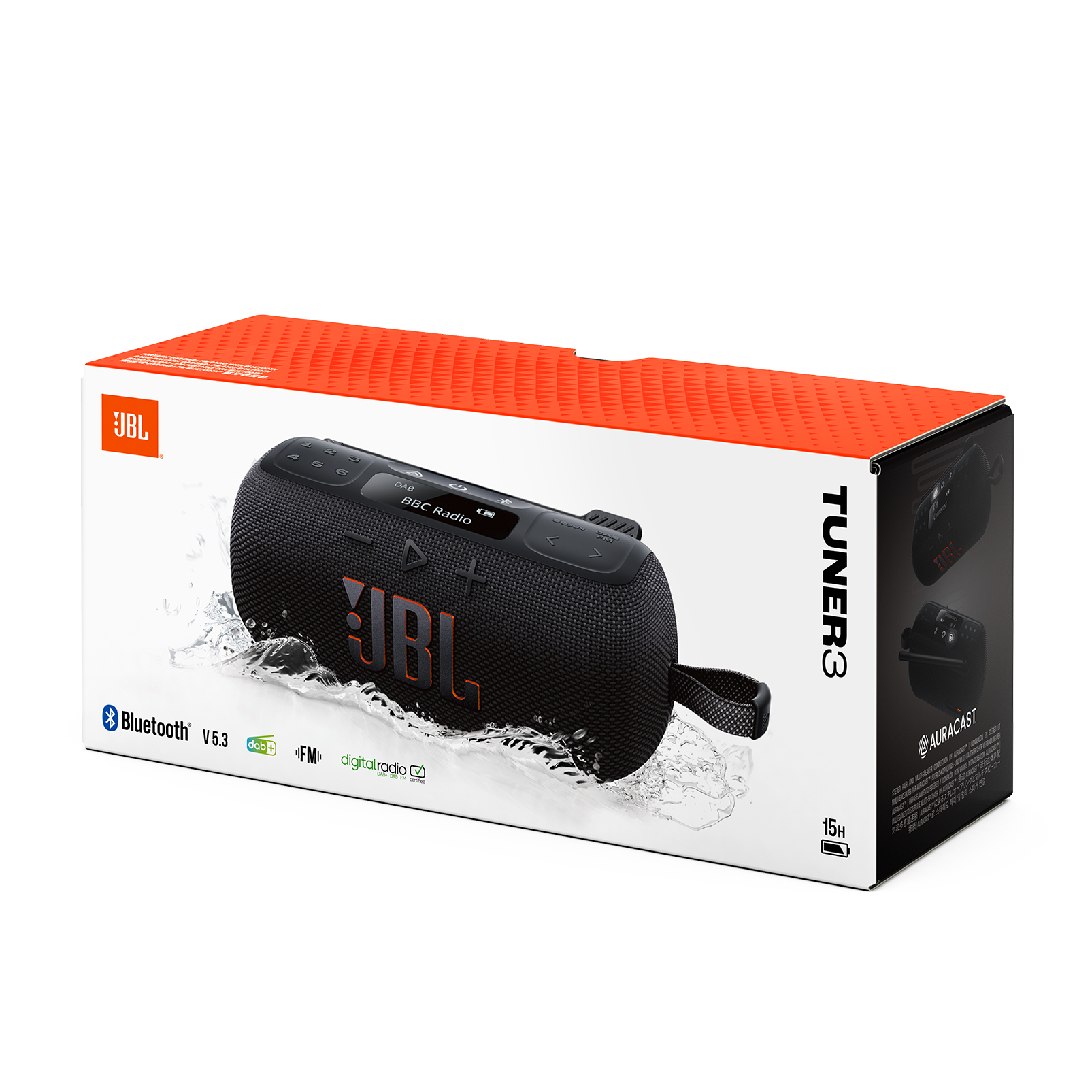 Altavoz JBL Tuner 3 en caja. Altavoz negro con detalles naranjas. Bluetooth, DAB y radio digital visibles.