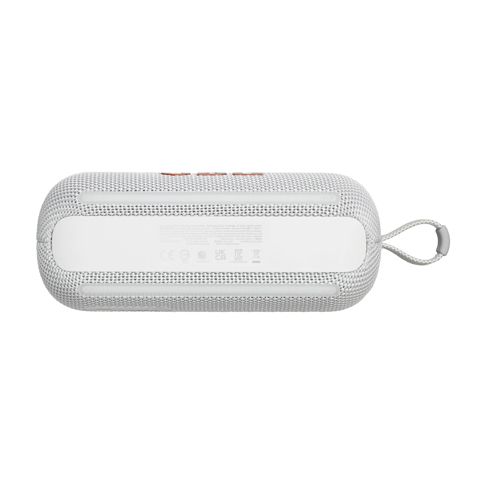 Un altavoz blanco y gris se encuentra horizontalmente sobre un fondo negro. Tiene una textura tejida y una correa de transporte.
