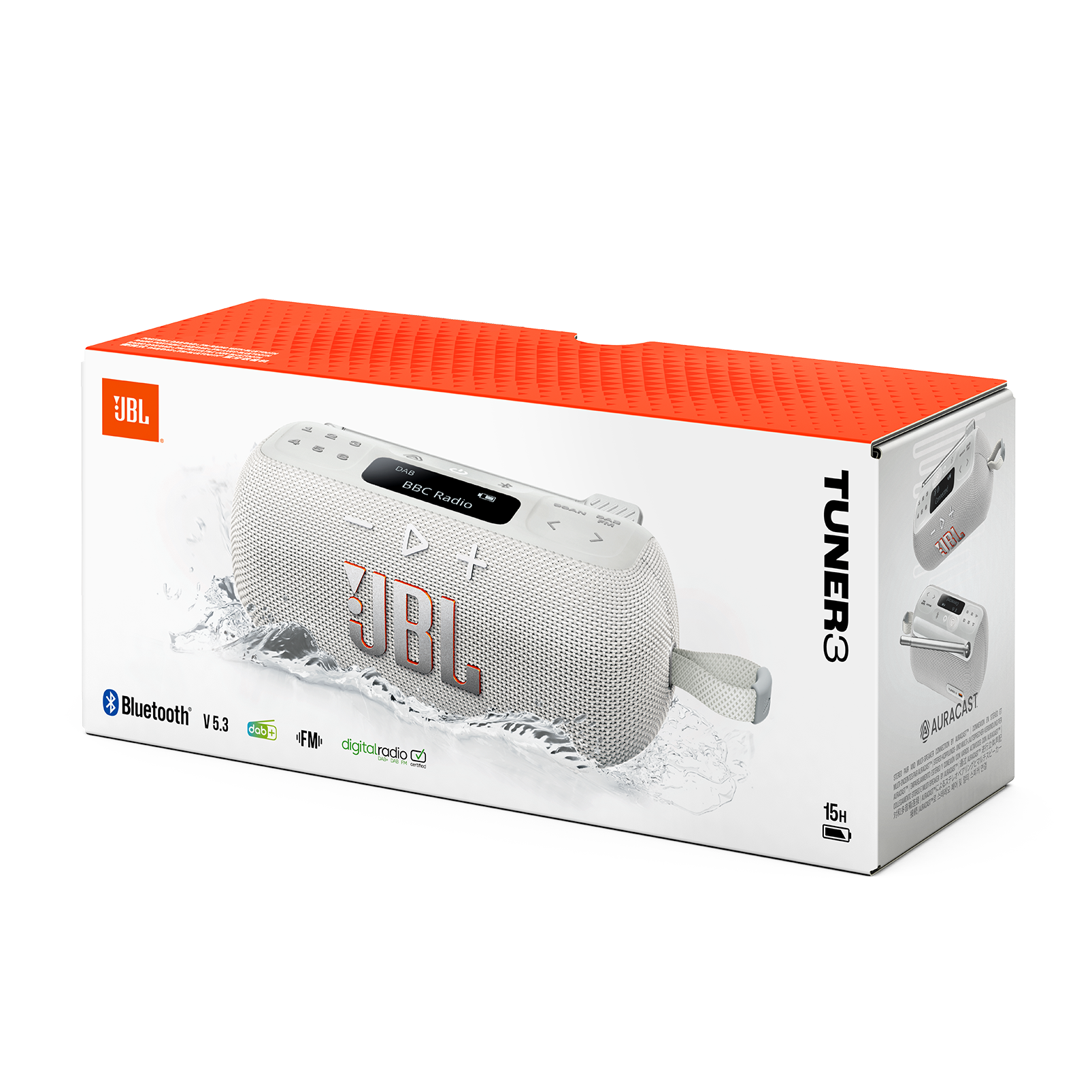 Radio JBL Tuner 3 en una caja. La radio es blanca y tiene el logo de JBL. La caja es blanca y naranja.