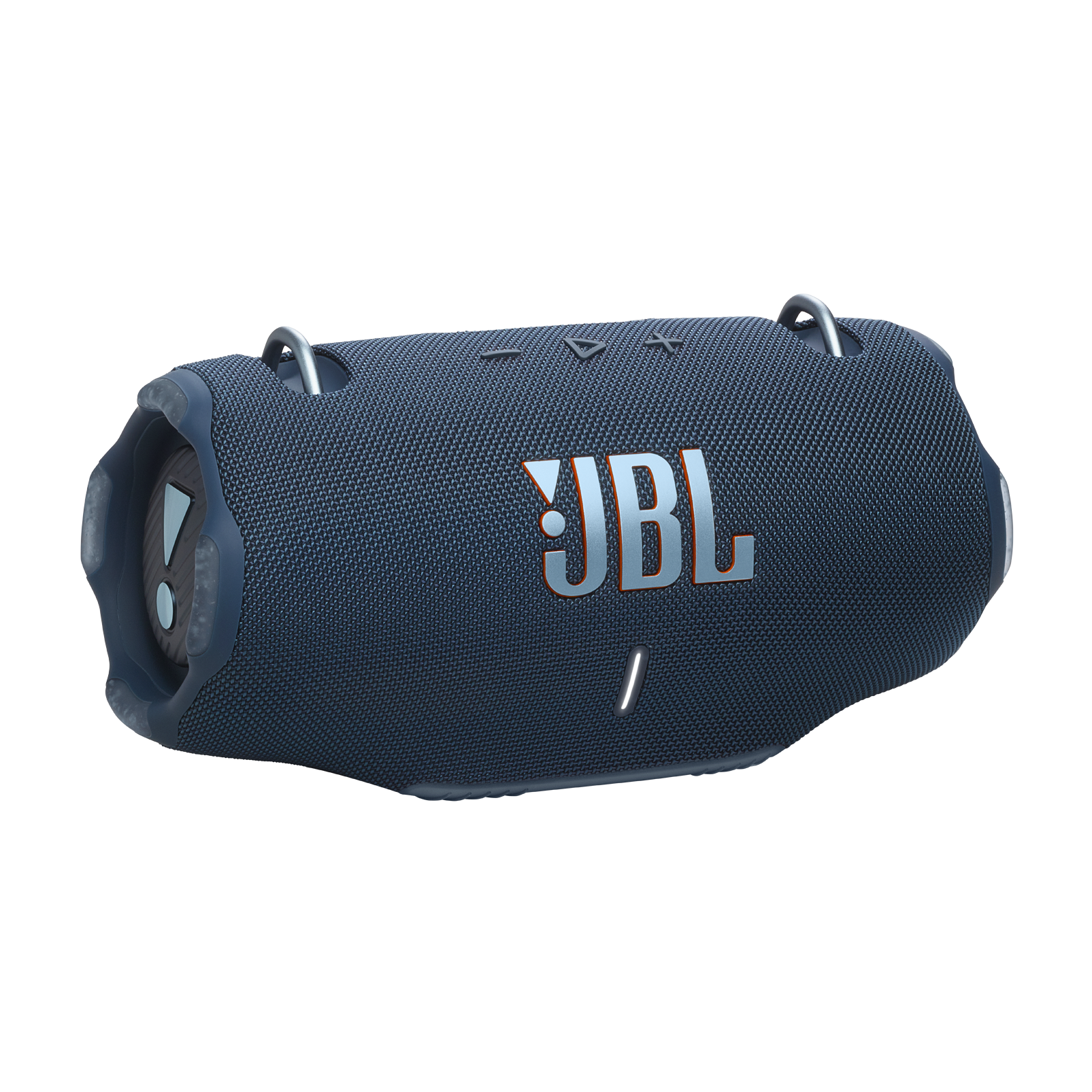 Un altavoz JBL azul sobre una superficie negra. El logotipo de JBL es visible. Tiene un asa de metal.
