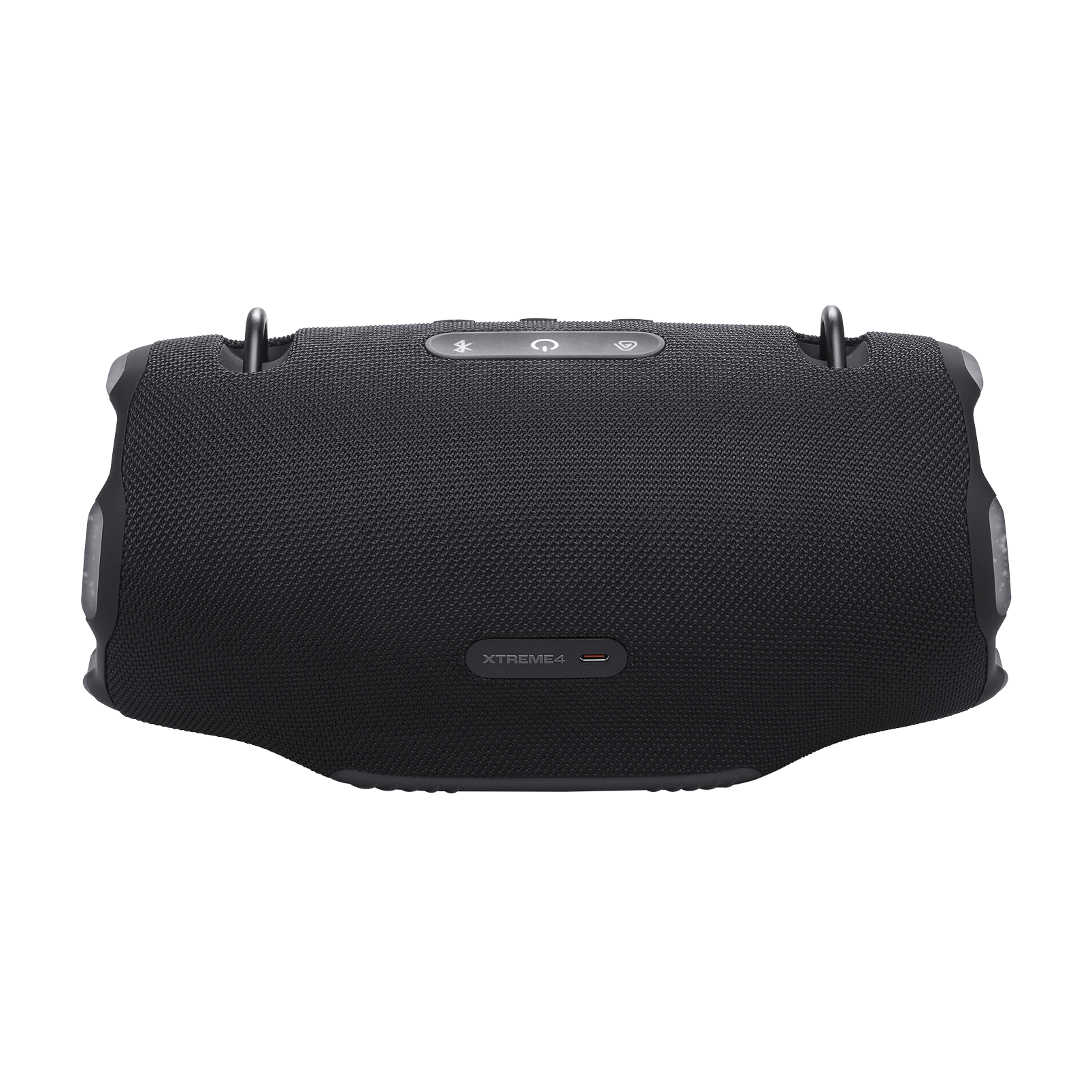 Un altavoz JBL Xtreme 4 negro con botones de control y un puerto USB. Tiene una superficie texturizada y bucles de metal.