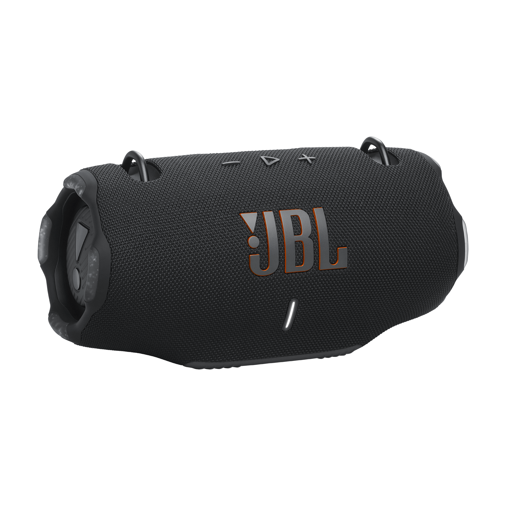 Un altavoz JBL negro con texto naranja. Tiene botones y un asa. El fondo es negro.