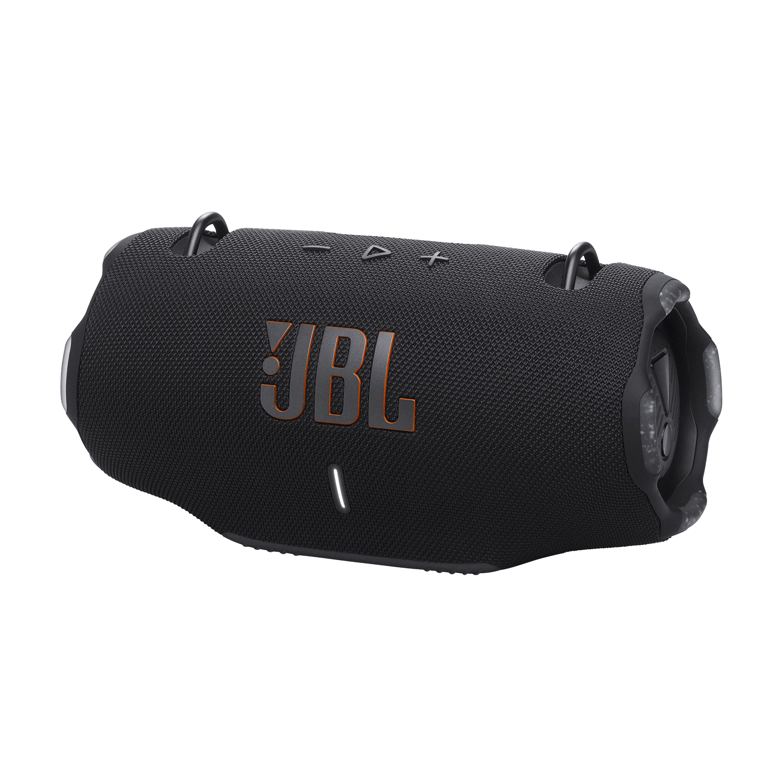 Altavoz JBL negro con logotipo y controles naranjas. Tiene una textura de tela y un asa. Aislado sobre fondo negro.