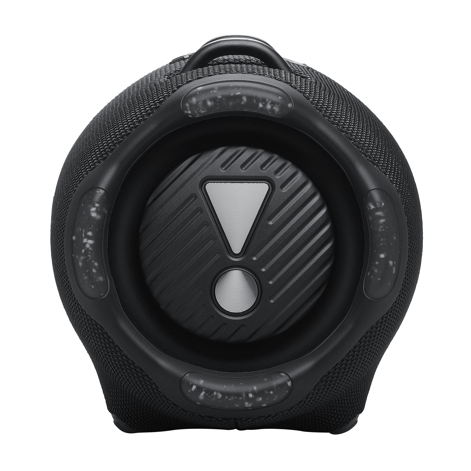 Altavoz JBL negro. El altavoz tiene un asa y un panel central con un triángulo y un círculo.