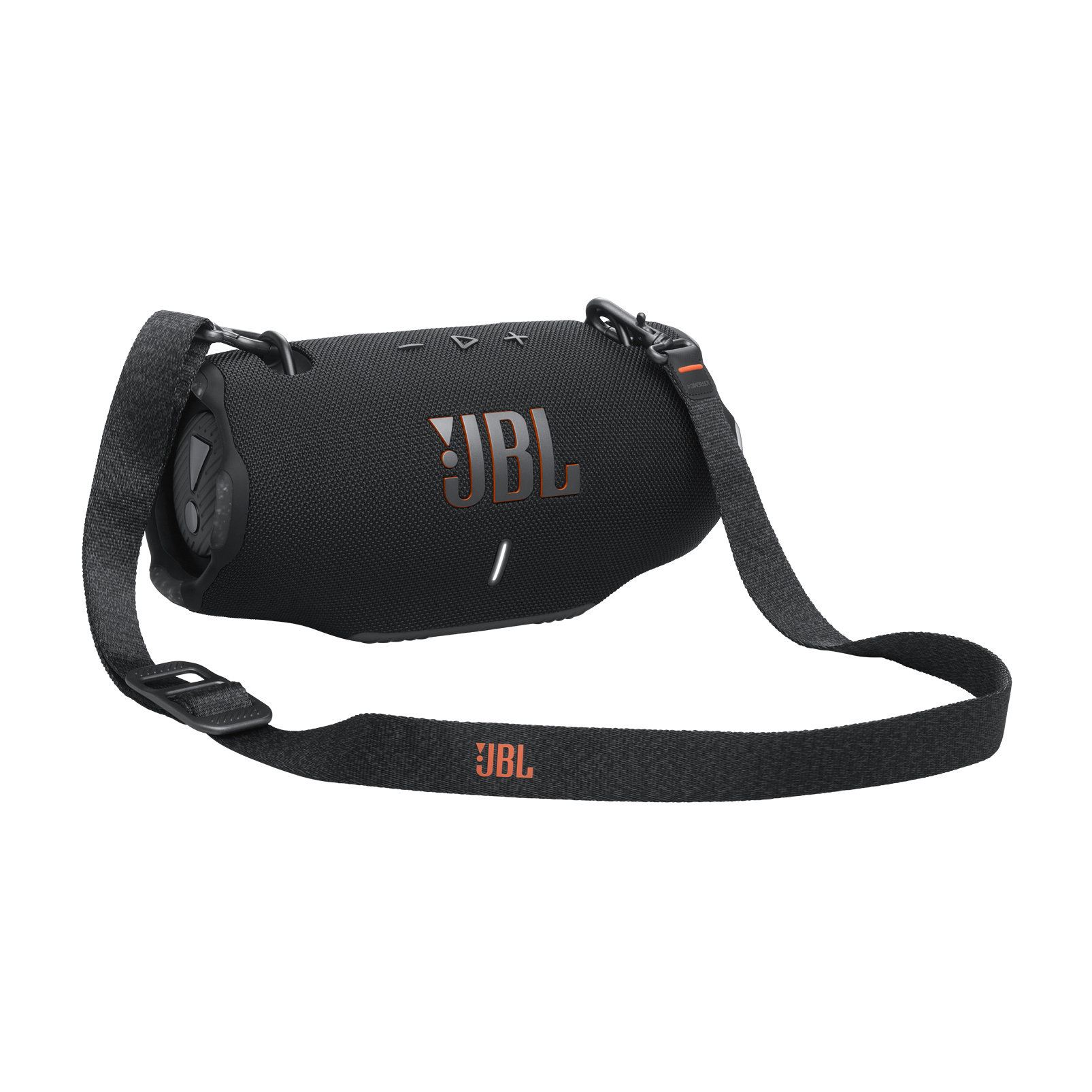 Un altavoz JBL negro con un logotipo naranja y una correa negra. El fondo es negro.