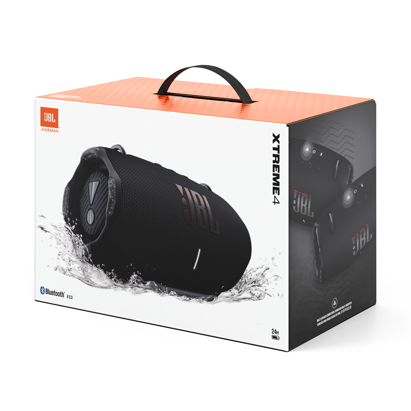 Altavoz JBL Xtreme 4 en una caja. Altavoz negro sobre salpicaduras de agua. La caja tiene asa y texto XTREME 4.
