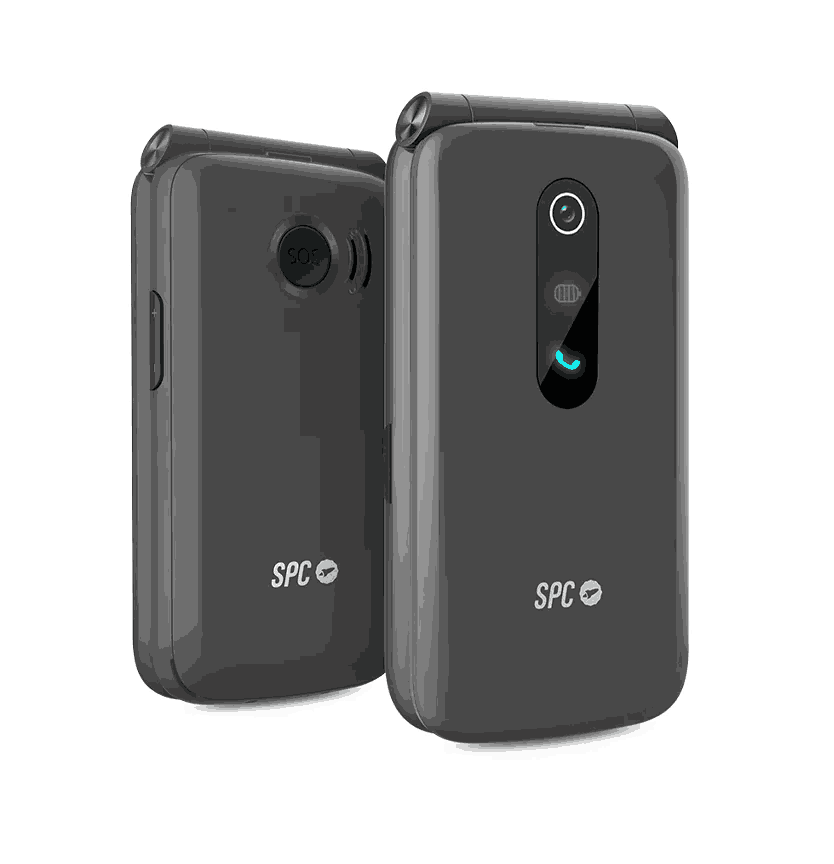 Se muestran dos teléfonos plegables grises oscuros. Uno está abierto, mostrando una cámara y un botón de llamada. Ambos teléfonos tienen el logotipo 'SPC'.