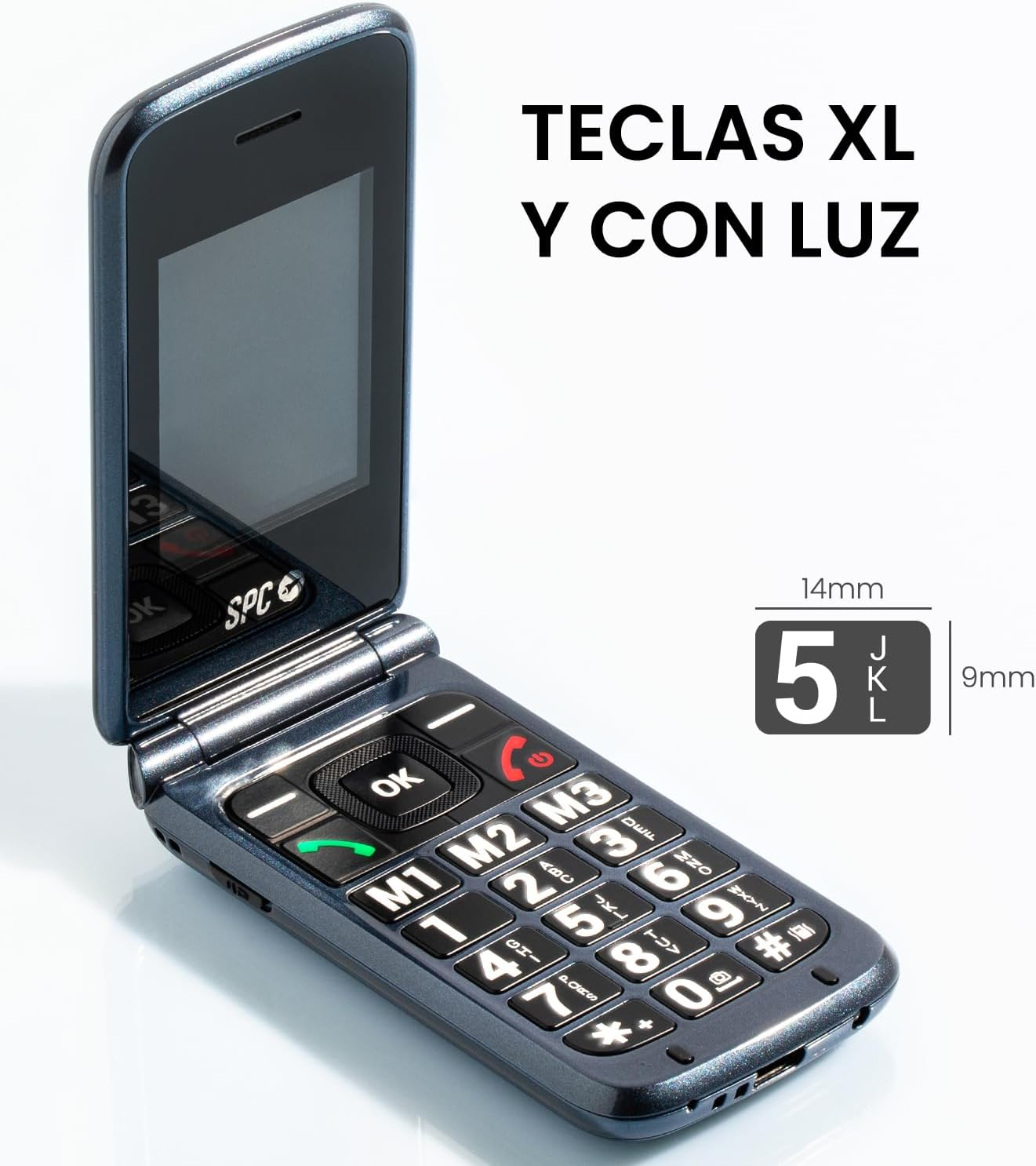 Un teléfono plegable azul oscuro está abierto. Tiene botones grandes y una pantalla. El texto dice 'TECLAS XL Y CON LUZ'.