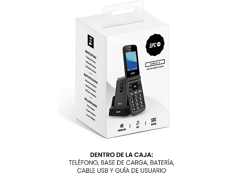 Smartphone basique Téléphone SPC Stella 3 4G VoLTE Bouton SOS Touches XL Volume 103 dB Base de chargement