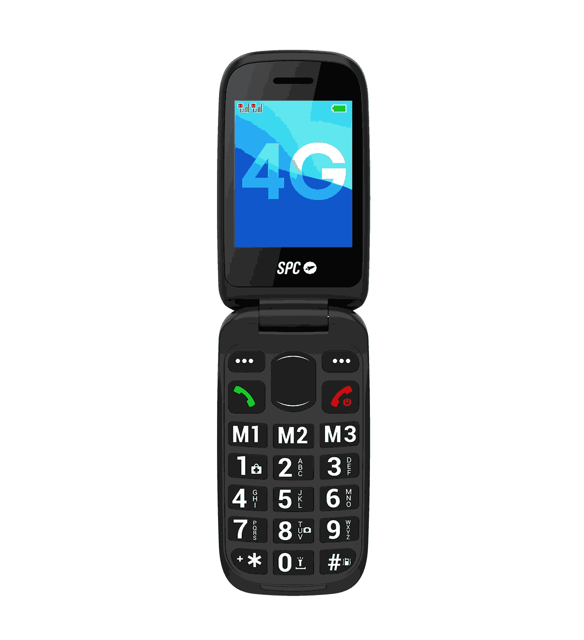 Teléfono plegable negro abierto, mostrando pantalla azul con logo 4G blanco. Debajo, botones y números grandes. Logo SPC abajo.