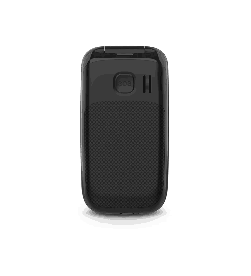 Un teléfono plegable negro con un botón SOS. El teléfono tiene una parte trasera texturizada y dos líneas verticales.