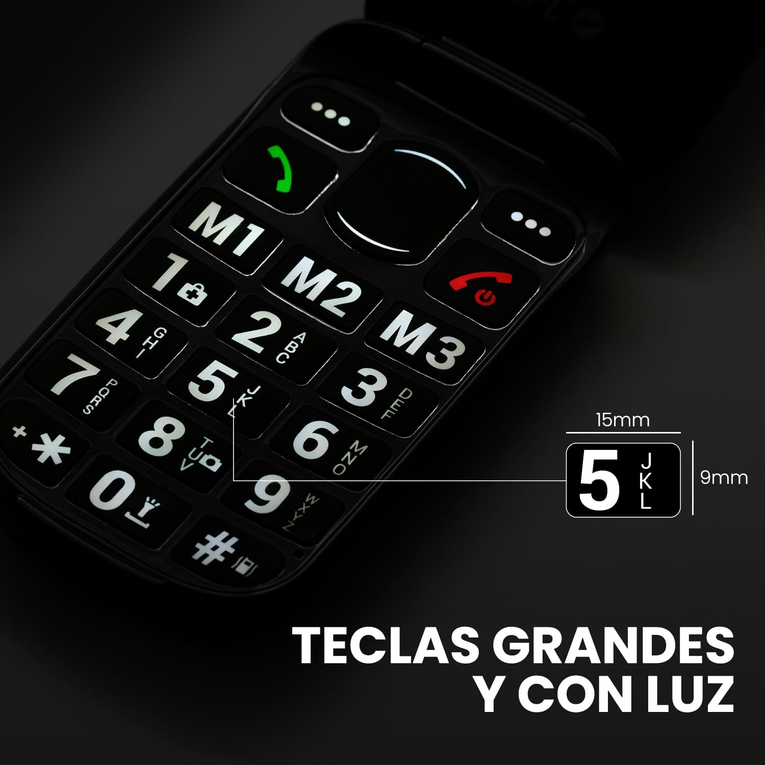 Primer plano de un teclado de teléfono celular negro con números blancos grandes. El teléfono también tiene un botón de llamada verde y rojo.