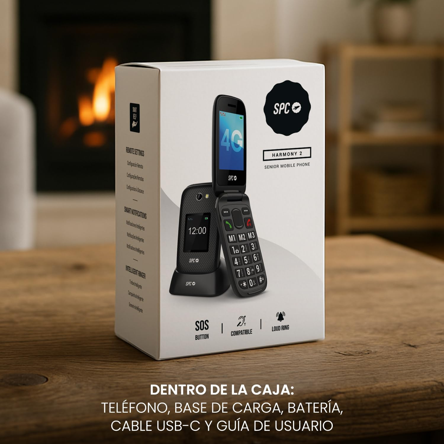 Una caja de teléfono móvil para personas mayores, con teléfono, cargador, batería y cable USB. El teléfono es negro con botones grandes.