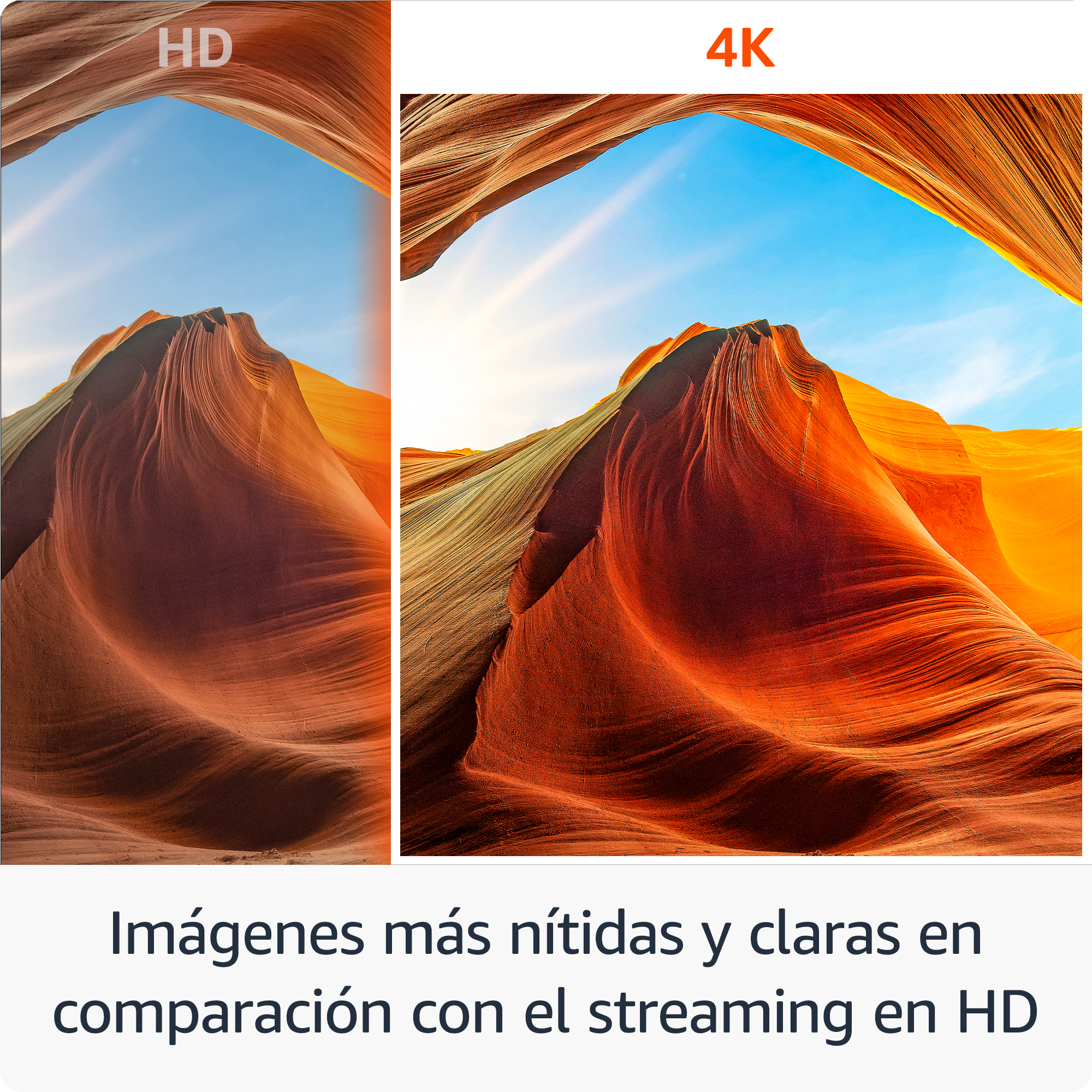 Comparación de calidad de imagen HD y 4K. Presenta formaciones rocosas naranjas contra un cielo azul, con textos 'HD' y '4K'.
