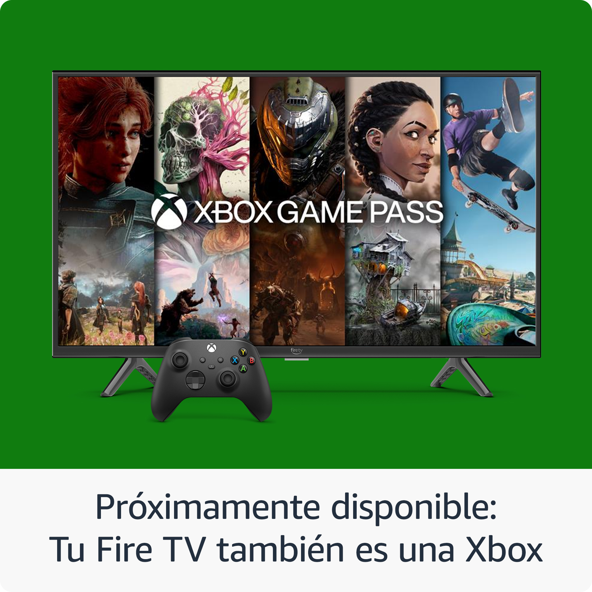 Pantalla de TV con juegos de Xbox Game Pass, mando y texto 'Tu Fire TV también es una Xbox' sobre fondo verde.