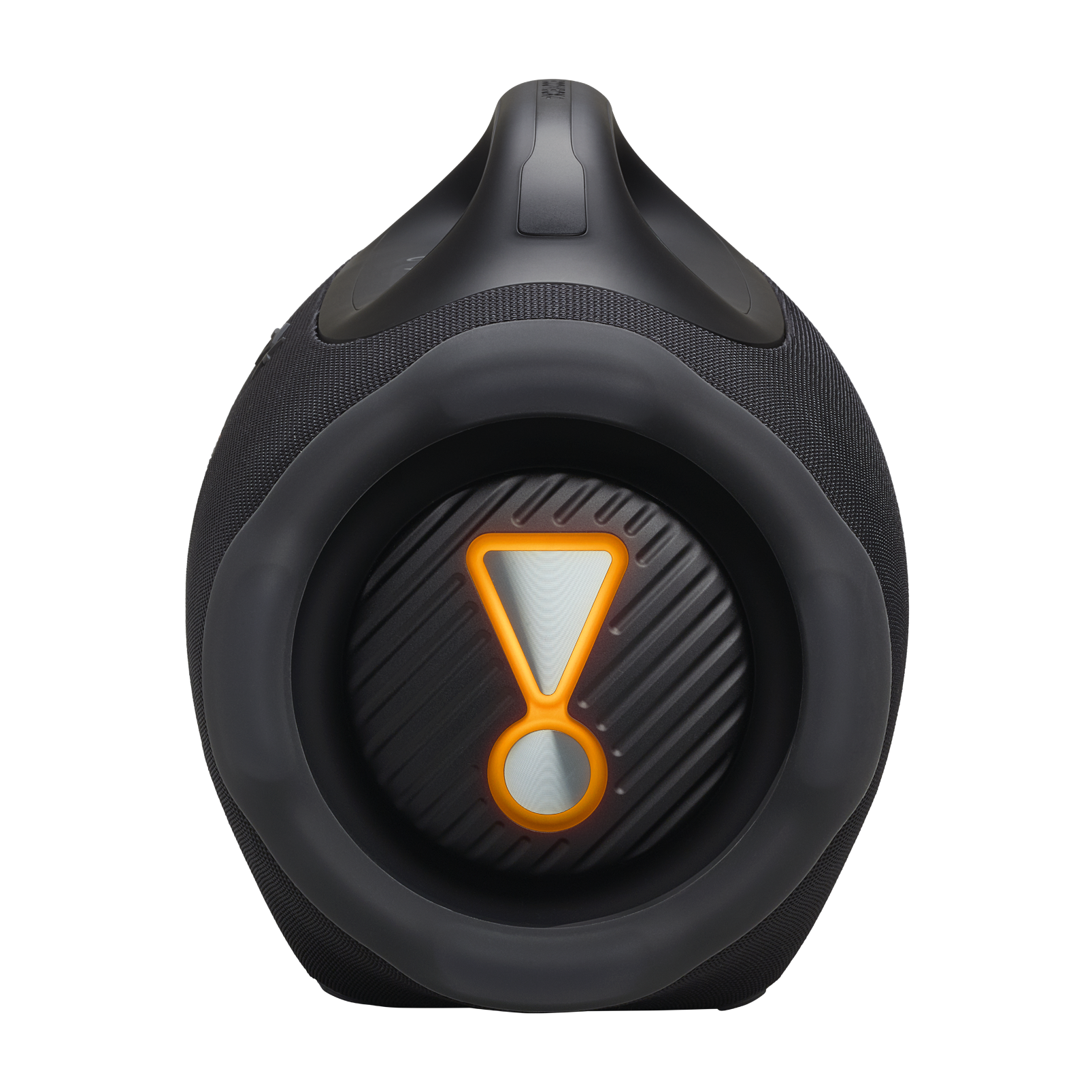 Altavoz JBL negro con detalles naranjas. Tiene un asa y un logotipo iluminado. El fondo es gris.