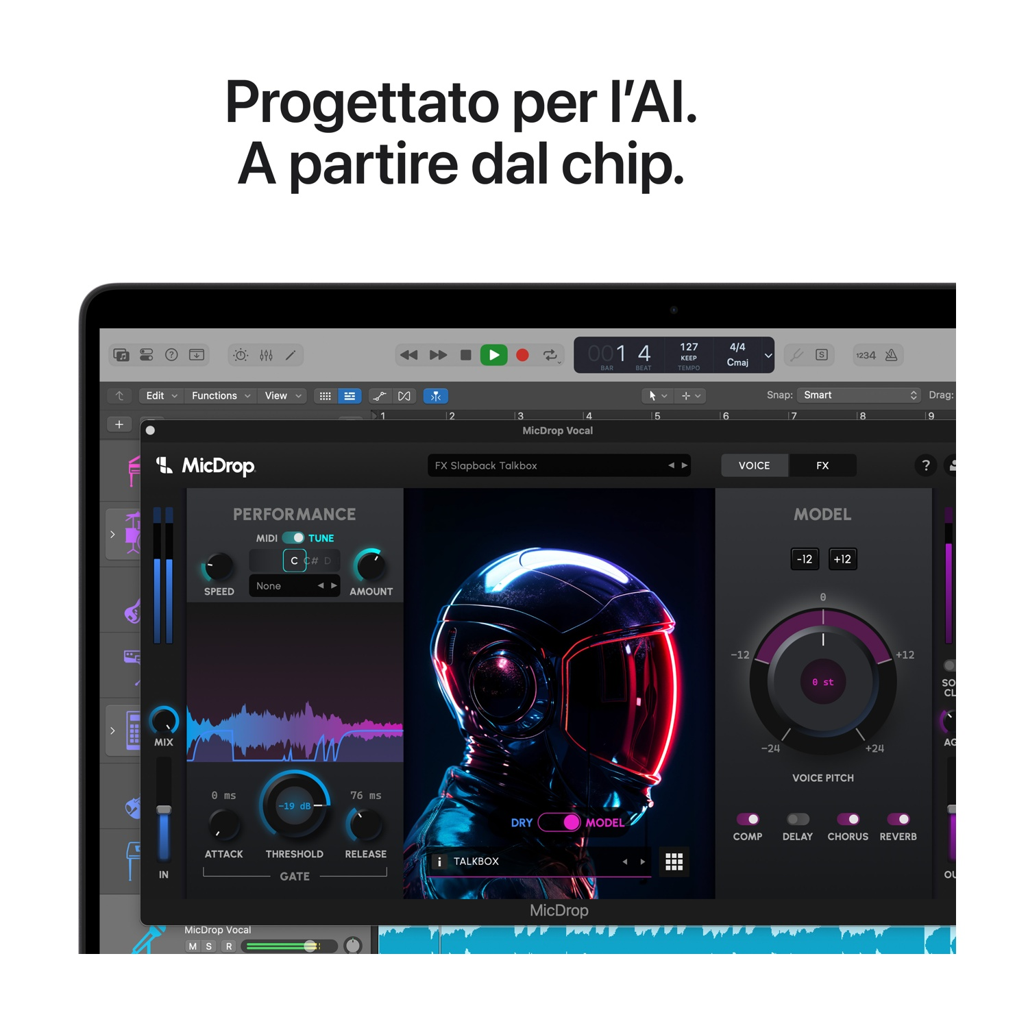 Un'interfaccia di workstation audio digitale con controlli, indicatori e un grafico che mostra le onde sonore. Un casco futuristico sullo sfondo.