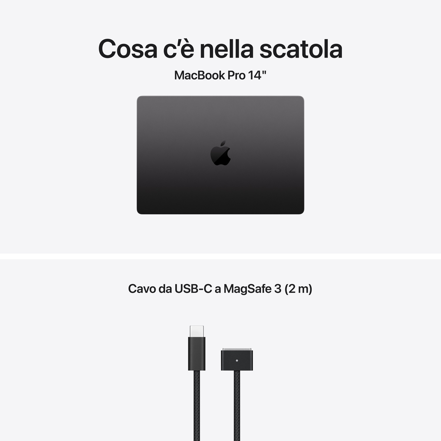 L'immagine mostra un MacBook Pro 14" e un cavo da USB-C a MagSafe 3. Il testo indica 'Cosa c'è nella scatola'.
