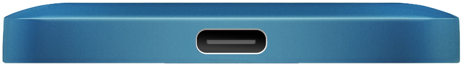Nahaufnahme eines blauen rechteckigen Geräts mit einem USB-C-Anschluss. Der Anschluss ist schwarz mit silberner Umrandung.