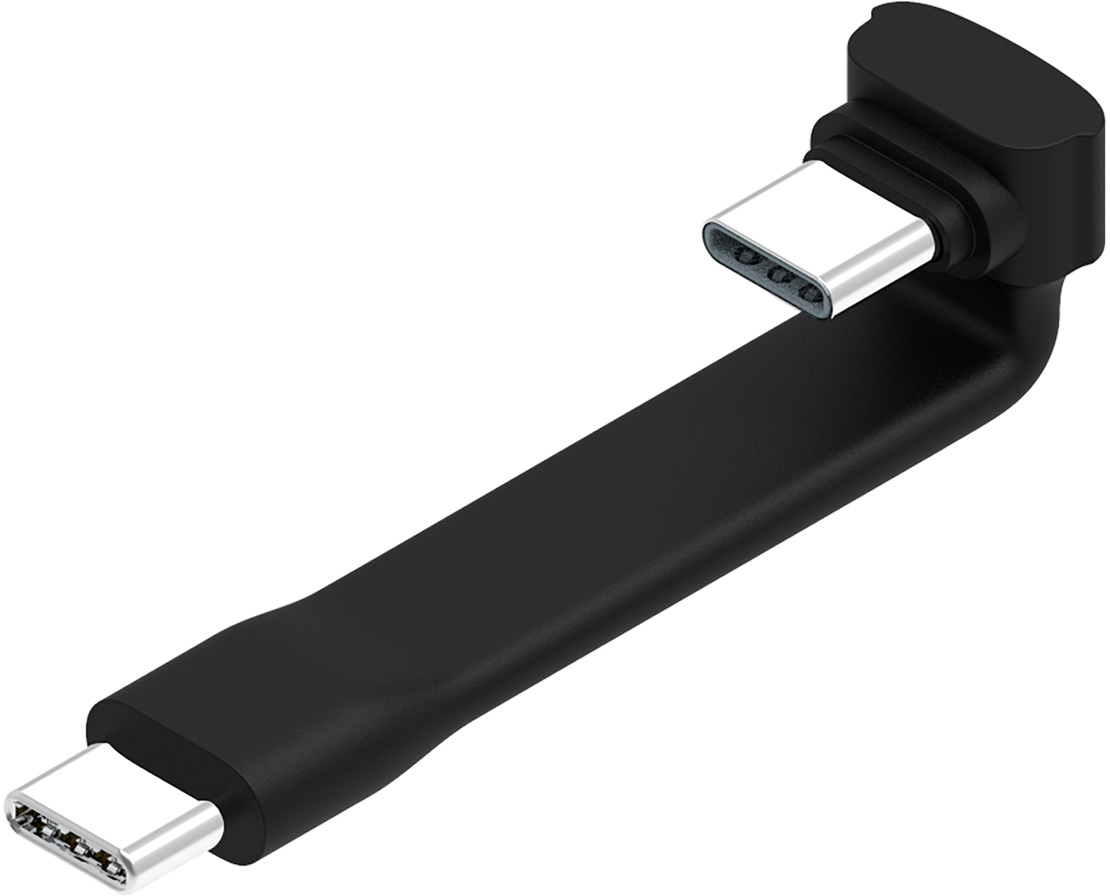 Ein schwarzes USB-C-Kabel mit zwei silbernen Steckern. Ein Stecker ist im rechten Winkel gebogen.