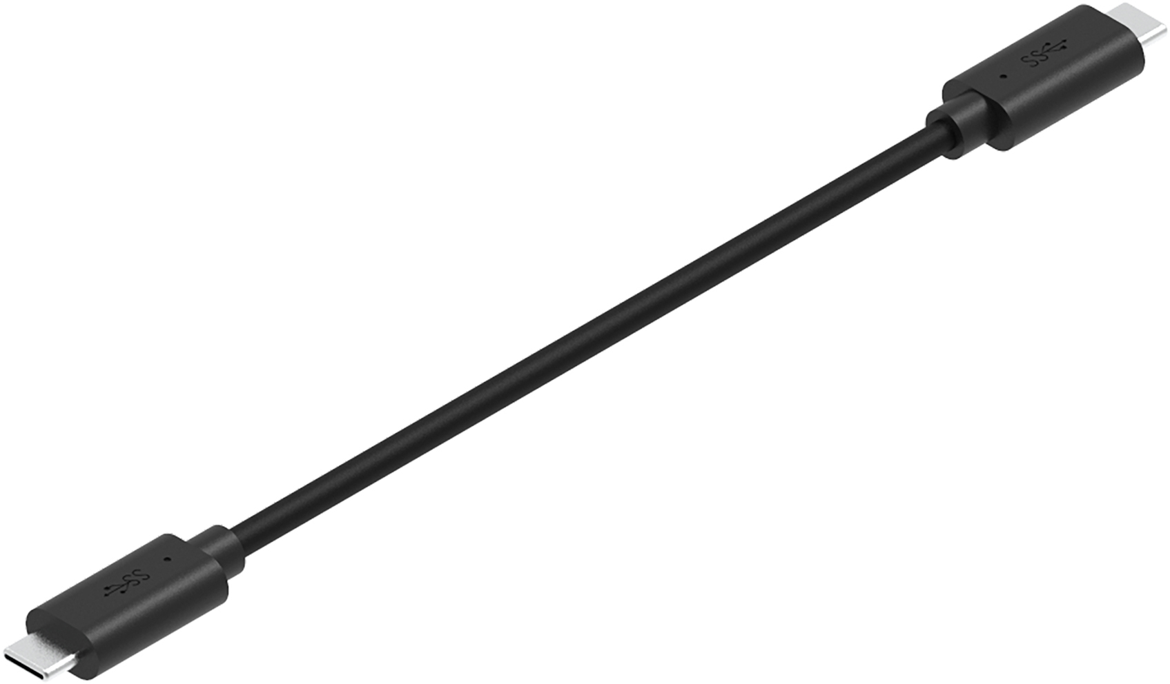 Ein schwarzes USB-C-Kabel. Es hat an jedem Ende einen Stecker, der durch ein schwarzes Kabel verbunden ist. Der Hintergrund ist weiß.