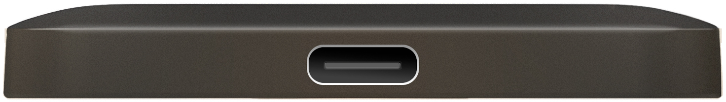 Nahaufnahme eines dunkelgrauen Geräts mit USB-C-Anschluss. Der Anschluss ist innen schwarz, mit silbernem Rand.