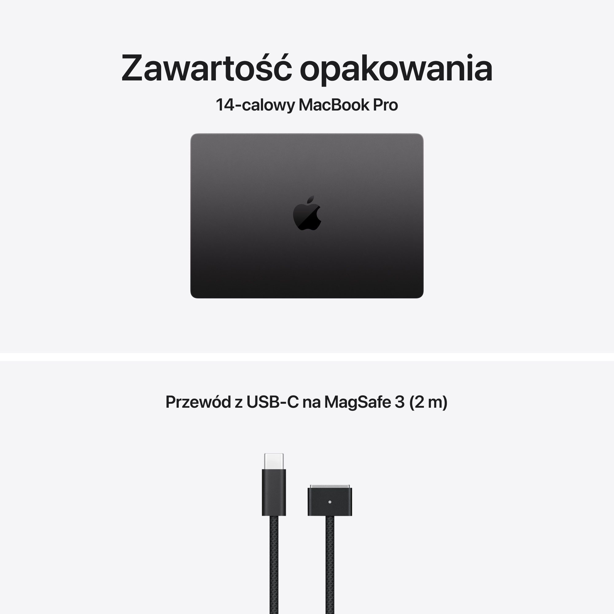 Obraz 14-calowego MacBooka Pro i kabla USB-C do MagSafe 3 na białym tle. Obecny tekst w języku polskim.