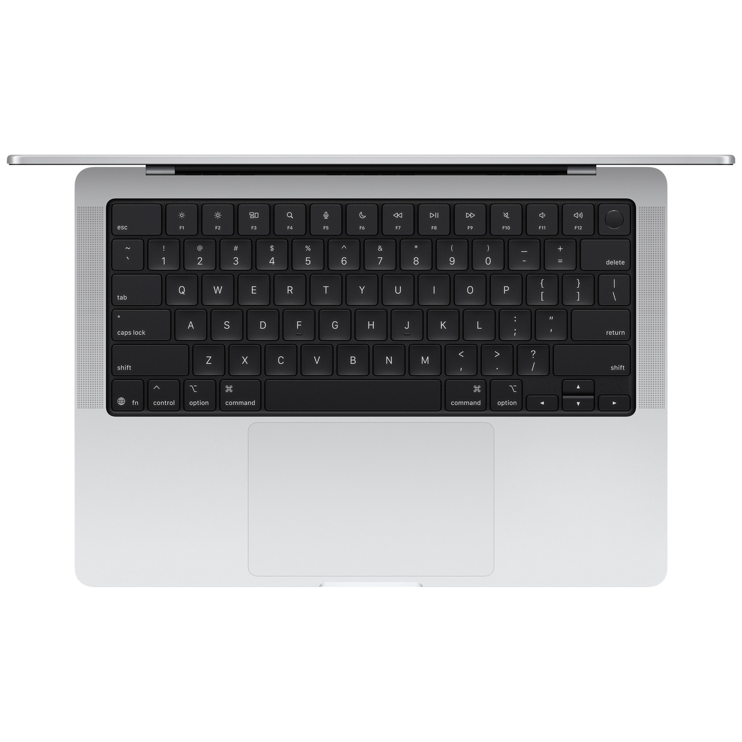 Vue de dessus d'un ordinateur portable argenté avec clavier noir et pavé tactile blanc, ouvert sur une surface blanche.