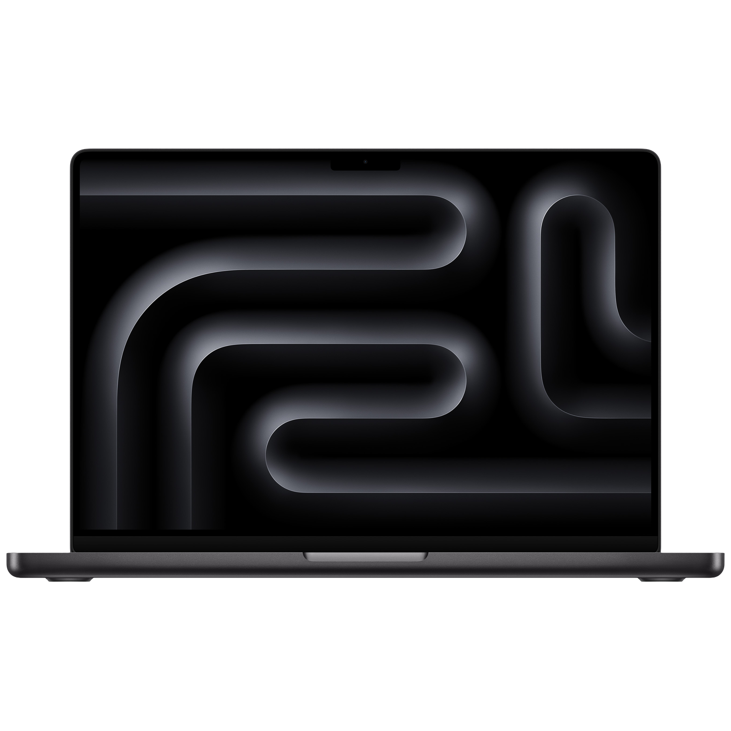 Een donkergrijze laptop staat open en toont een zwart-grijs abstract ontwerp. De achtergrond is wit.