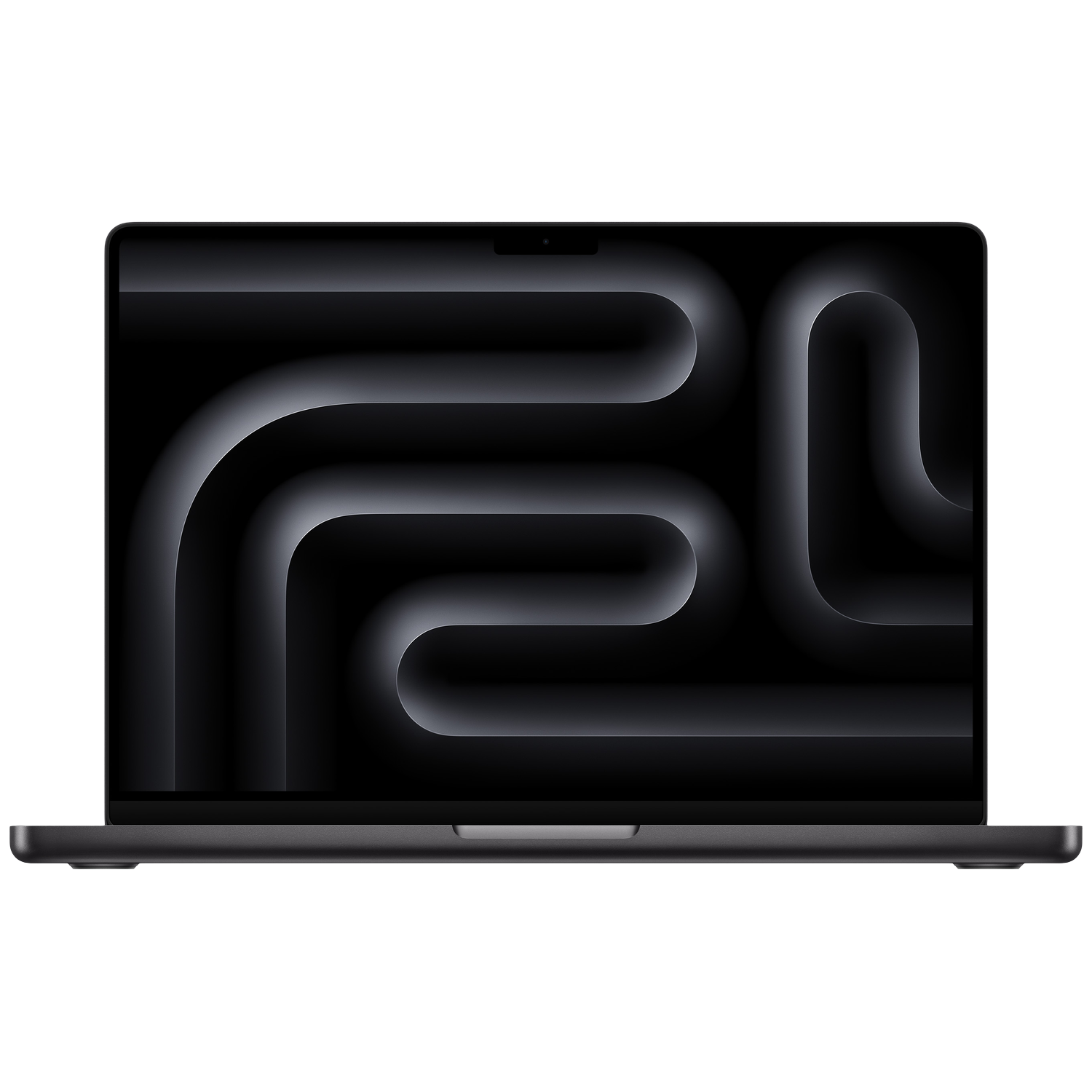 Een donkergrijze laptop is open en toont een abstract ontwerp in zwart en grijs. De achtergrond is wit.